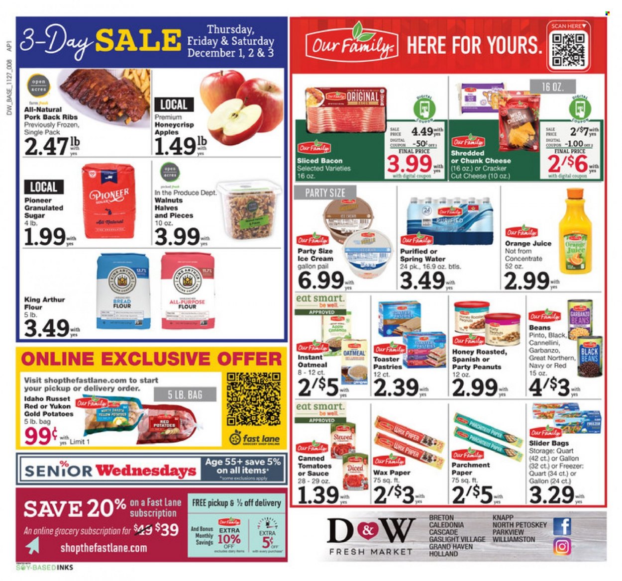 thumbnail - D&W Fresh Market Flyer - 11/27/2022 - 12/03/2022 - Sales products - bread, beans, russet potatoes, tomatoes, potatoes, apples, bacon, cheese, chunk cheese, ice cream, crackers, bread flour, flour, granulated sugar, sugar, oatmeal, walnuts, peanuts, orange juice, juice, spring water, pork meat, pork ribs, pork back ribs, Cascade. Page 8.