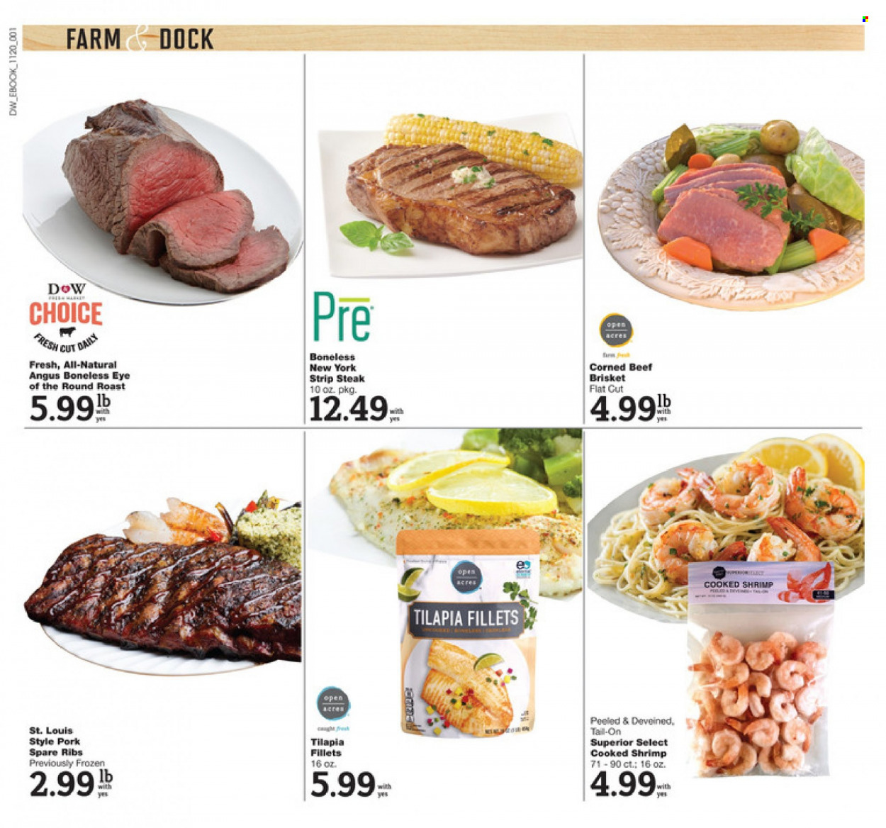 thumbnail - D&W Fresh Market Flyer - 11/27/2022 - 12/03/2022 - Sales products - tilapia, shrimps, corned beef, beef meat, steak, round roast, striploin steak, beef brisket. Page 9.