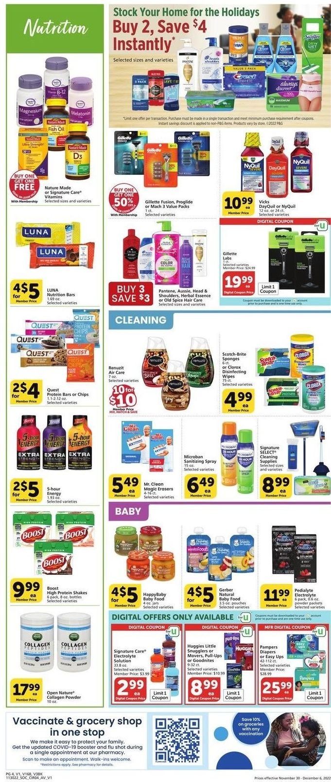 thumbnail - Vons Flyer - 11/30/2022 - 12/06/2022 - Sales products - protein drink, shake, snack, Gerber, chips, nutrition bar, protein bar, spice, oil, Boost, wipes, Huggies, Pampers, nappies, Clorox, Swiffer, Old Spice, Crest, Always Discreet, Aussie, Head & Shoulders, Pantene, Gillette, Vicks, sponge, jar, Renuzit, DayQuil, fish oil, magnesium, Melatonin, Nature Made, NyQuil, vitamin D3. Page 4.