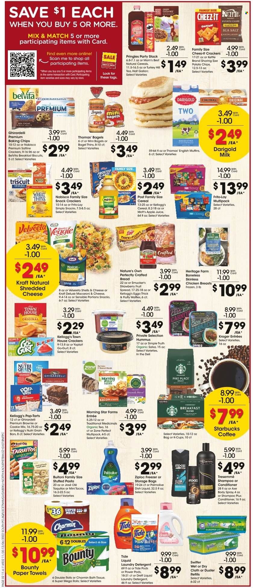 thumbnail - Fred Meyer Flyer - 11/30/2022 - 12/06/2022 - Sales products - sandals, bagels, bread, english muffins, tacos, brownies, waffles, Mott's, macaroni & cheese, pasta, taquitos, Kraft®, Buitoni, bacon, hummus, shredded cheese, Yoplait, milk, strips, snack, Bounty, crackers, Kellogg's, biscuit, Pop-Tarts, Ghirardelli, Nutri-Grain bars, potato chips, Pringles, Thins, Frito-Lay, Veggie Straws, Cheez-It, baking chips, cereals, belVita, Mom's Best, Zone Perfect, Nutri-Grain, salsa, apple juice, juice, tea, coffee, Starbucks, coffee capsules, K-Cups, breakfast blend, chicken breasts, bath tissue, kitchen towels, paper towels, Charmin, detergent, Swiffer, Tide, laundry detergent, dishwashing liquid, shampoo, Palmolive, conditioner, TRESemmé, body spray, Axe, Ziploc, storage bag, duster, Sigma, Nature's Own. Page 2.