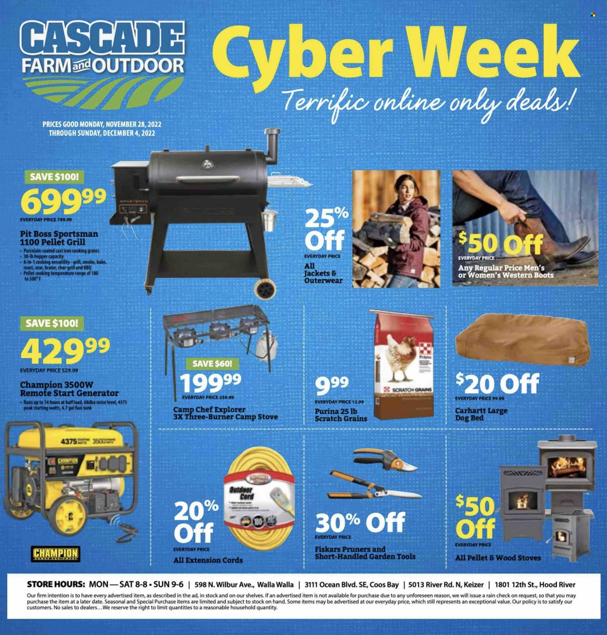 thumbnail - Cascade Farm And Outdoor Flyer - 11/28/2022 - 12/04/2022 - Sales products - boots, western boots, Fiskars, dog bed, tank, Purina, jacket, stove, gardening tools, generator, pellet grill. Page 1.