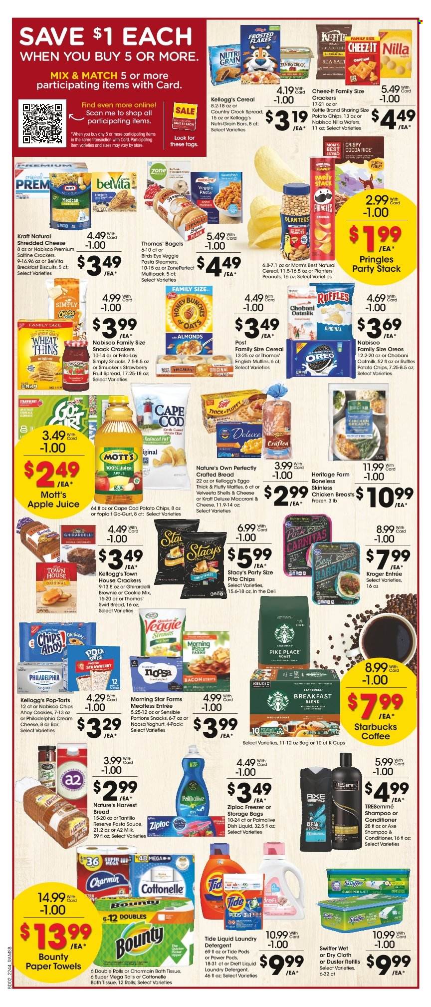 thumbnail - Ralphs Flyer - 11/30/2022 - 12/06/2022 - Sales products - bagels, english muffins, brownies, waffles, Mott's, cod, macaroni & cheese, pasta sauce, Bird's Eye, Kraft®, bacon, shredded cheese, Philadelphia, Oreo, yoghurt, Yoplait, Chobani, milk, oat milk, strips, snack, Bounty, crackers, Kellogg's, biscuit, Pop-Tarts, Ghirardelli, Nutri-Grain bars, potato chips, Pringles, Thins, Frito-Lay, Veggie Straws, Cheez-It, Ruffles, pita chips, cereals, belVita, Mom's Best, cocoa rice, Nutri-Grain, peanuts, Planters, apple juice, juice, coffee, Starbucks, coffee capsules, K-Cups, breakfast blend, chicken breasts, bath tissue, Cottonelle, kitchen towels, paper towels, Charmin, detergent, Swiffer, Tide, laundry detergent, dishwashing liquid, shampoo, Palmolive, conditioner, TRESemmé, Axe, Ziploc, storage bag, Nature's Own. Page 2.