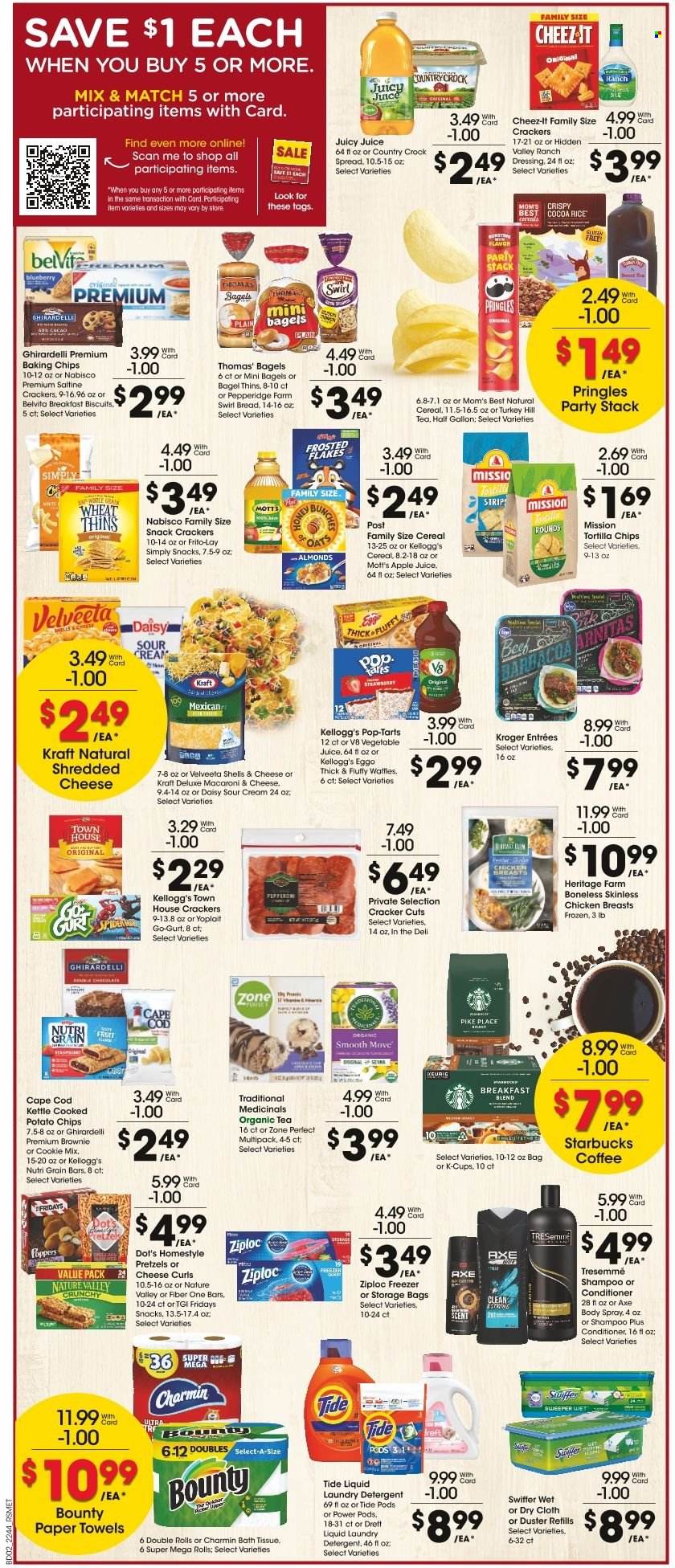 thumbnail - Pick ‘n Save Flyer - 11/30/2022 - 12/06/2022 - Sales products - bagels, pretzels, brownies, waffles, Mott's, cod, macaroni & cheese, Kraft®, pepperoni, shredded cheese, Yoplait, sour cream, ranch dressing, strips, snack, Bounty, crackers, Kellogg's, biscuit, Pop-Tarts, Ghirardelli, tortilla chips, potato chips, Pringles, Thins, Frito-Lay, Cheez-It, baking chips, cereals, belVita, Mom's Best, cocoa rice, Nature Valley, Fiber One, Zone Perfect, Nutri-Grain, dressing, almonds, apple juice, juice, vegetable juice, tea, coffee, Starbucks, coffee capsules, K-Cups, breakfast blend, chicken breasts, bath tissue, kitchen towels, paper towels, Charmin, detergent, Swiffer, Tide, laundry detergent, shampoo, conditioner, TRESemmé, body spray, Axe, storage bag, Ziploc. Page 2.