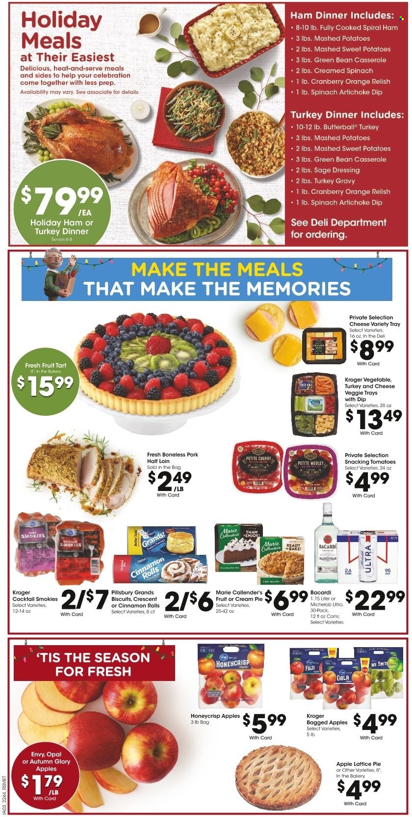 thumbnail - Pick ‘n Save Flyer - 11/30/2022 - 12/06/2022 - Sales products - cinnamon roll, cream pie, fruit tart, sweet potato, tomatoes, apples, Gala, oranges, mashed potatoes, Pillsbury, Marie Callender's, Butterball, ham, spiral ham, Celebration, biscuit, turkey gravy, dressing, Bacardi, beer, casserole, Michelob. Page 4.