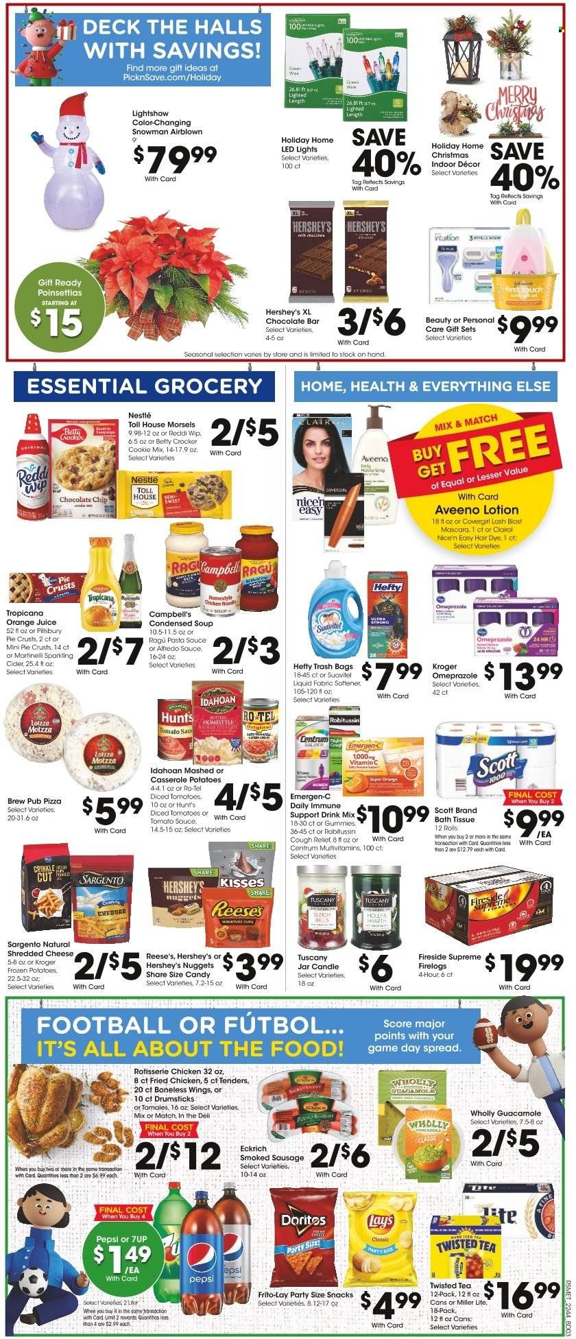 thumbnail - Pick ‘n Save Flyer - 11/30/2022 - 12/06/2022 - Sales products - pie, Campbell's, pizza, chicken roast, pasta sauce, condensed soup, soup, nuggets, fried chicken, Pillsbury, instant soup, Alfredo sauce, ragú pasta, sausage, smoked sausage, guacamole, shredded cheese, cheddar, Sargento, Reese's, Hershey's, Nestlé, Halls, chocolate chips, snack, chocolate bar, Doritos, Lay’s, Frito-Lay, pie crust, tomato sauce, diced tomatoes, ragu, Pepsi, orange juice, juice, 7UP, tea, sparkling cider, sparkling wine, cider, beer, bath tissue, Scott, fabric softener, Aveeno, Clairol, body lotion, Hefty, casserole, cup, candle, LED light, poinsettia, multivitamin, Robitussin, vitamin c, Emergen-C, Centrum, mascara, Miller Lite, Twisted Tea. Page 6.