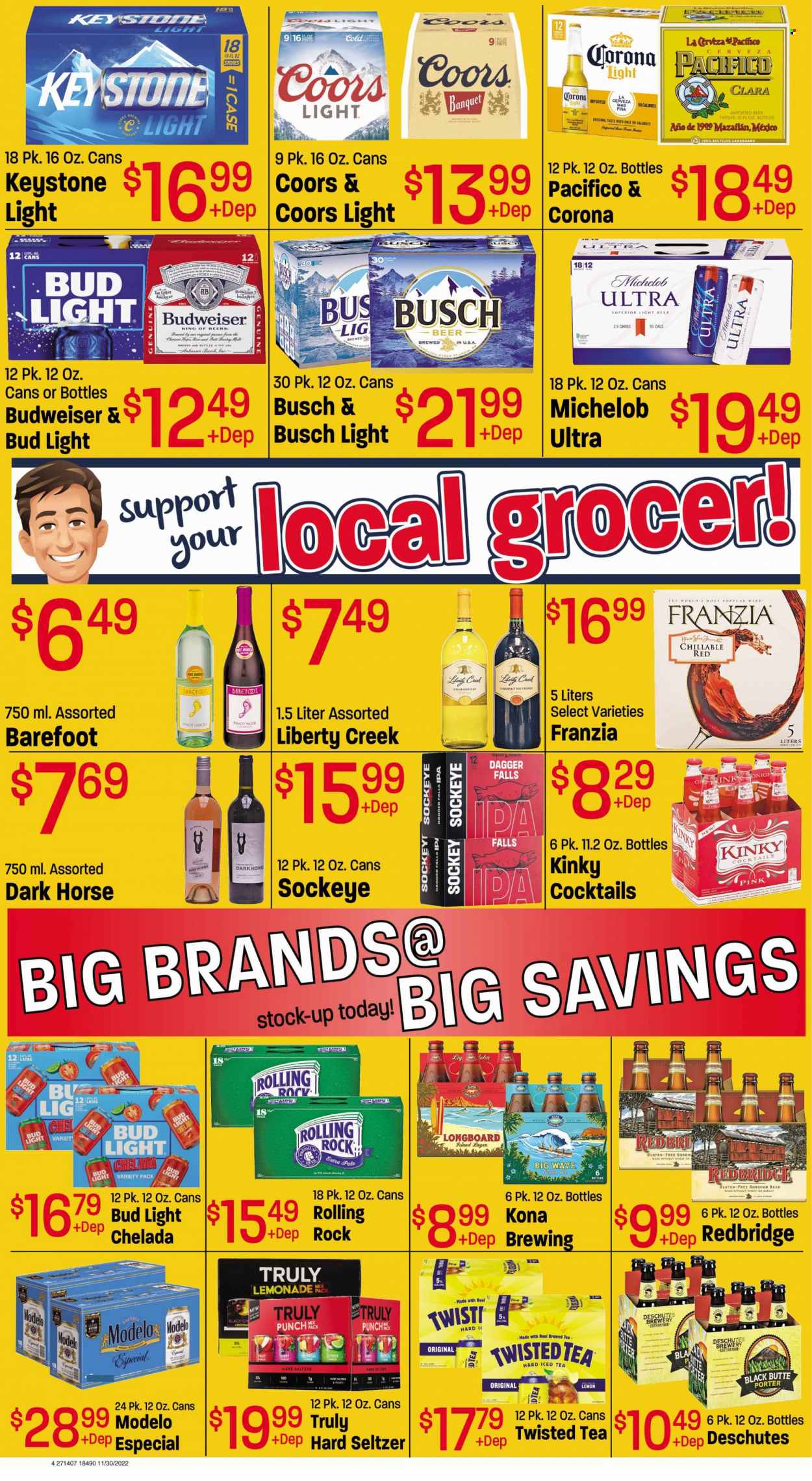 thumbnail - Red Apple Marketplace Flyer - 11/30/2022 - 12/06/2022 - Sales products - malt, rice, lemonade, ice tea, Cabernet Sauvignon, red wine, white wine, Chardonnay, wine, Pinot Noir, Pinot Grigio, punch, Hard Seltzer, TRULY, beer, Busch, Bud Light, Corona Extra, Lager, IPA, Keystone, Modelo, WAVE, Budweiser, Coors, Twisted Tea, Michelob. Page 4.