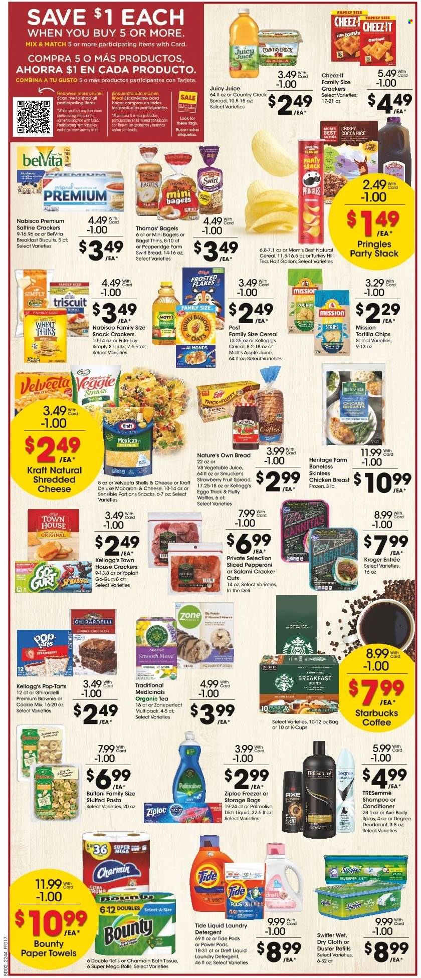 thumbnail - Fry’s Flyer - 11/30/2022 - 12/06/2022 - Sales products - bagels, brownies, waffles, Mott's, macaroni & cheese, pasta, Kraft®, Buitoni, salami, pepperoni, shredded cheese, Yoplait, strips, chocolate, snack, Bounty, crackers, Kellogg's, biscuit, Pop-Tarts, Ghirardelli, tortilla chips, Pringles, Thins, Frito-Lay, Cheez-It, cereals, belVita, Mom's Best, cocoa rice, almonds, apple juice, juice, vegetable juice, tea, coffee, Starbucks, coffee capsules, K-Cups, chicken breasts, bath tissue, kitchen towels, paper towels, Charmin, detergent, Swiffer, Tide, laundry detergent, dishwashing liquid, shampoo, Palmolive, conditioner, TRESemmé, body spray, anti-perspirant, deodorant, Axe, Ziploc, storage bag, duster, freezer, Nature's Own. Page 2.