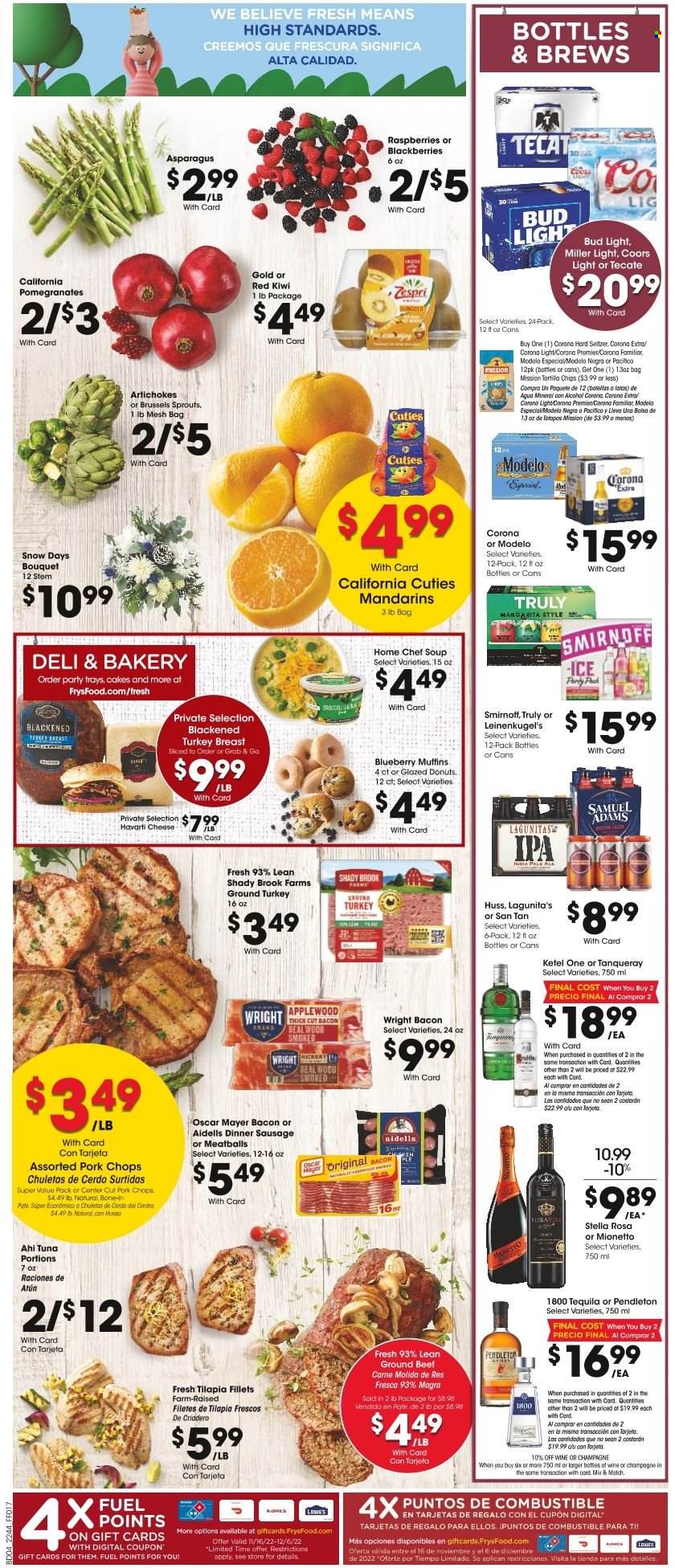 thumbnail - Fry’s Flyer - 11/30/2022 - 12/06/2022 - Sales products - cake, donut, muffin, artichoke, asparagus, brussel sprouts, kiwi, mandarines, tilapia, tuna, meatballs, soup, bacon, Oscar Mayer, sausage, Havarti, cheese, tortilla chips, chips, wine, alcohol, Smirnoff, tequila, Hard Seltzer, TRULY, beer, Bud Light, Corona Extra, Miller, IPA, Modelo, ground turkey, turkey breast, beef meat, pork chops, pork meat, Leinenkugel's, Coors, pomegranate. Page 5.
