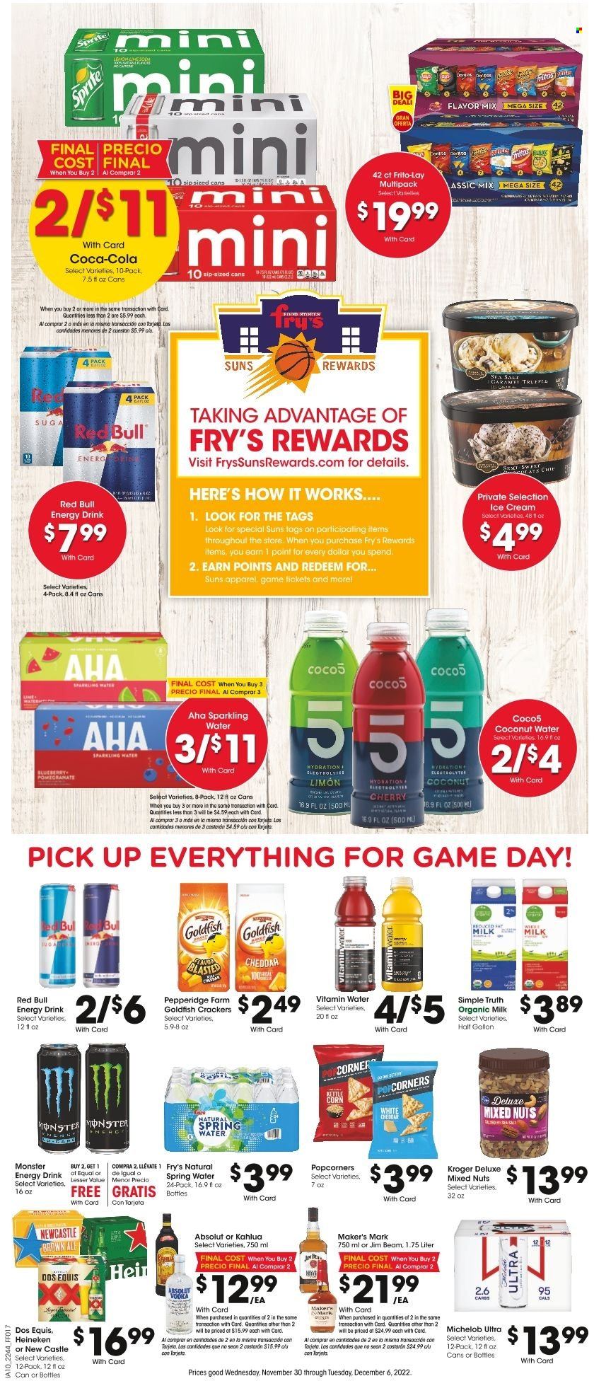 thumbnail - Fry’s Flyer - 11/30/2022 - 12/06/2022 - Sales products - cherries, cheese, organic milk, truffles, crackers, kettle corn, popcorn, Goldfish, Frito-Lay, mixed nuts, Coca-Cola, Sprite, energy drink, Monster, coconut water, Red Bull, Monster Energy, spring water, sparkling water, vitamin water, Kahlúa, Absolut, Jim Beam, beer, Heineken, Castle, Dos Equis, Michelob, pomegranate. Page 11.