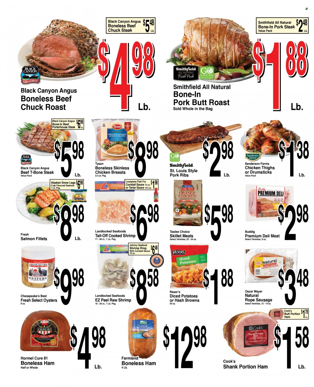 thumbnail - Super Saver Flyer - 11/30/2022 - 12/06/2022 - Sales products - potatoes, salmon, salmon fillet, oysters, seafood, crab, fish, shrimps, fried fish, diced potatoes, Hormel, ham, Cook's, Oscar Mayer, sausage, tartar sauce, hash browns, cocktail sauce, chicken breasts, chicken thighs, beef meat, t-bone steak, steak, chuck steak, chuck roast, pork chops, pork meat, pork ribs. Page 2.