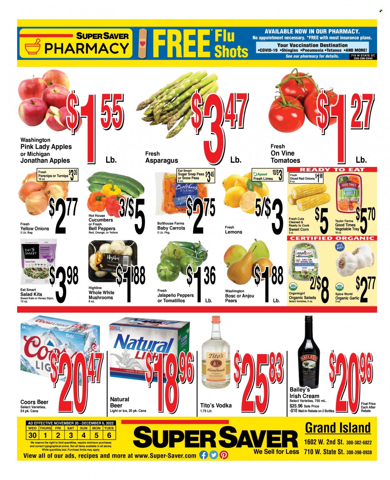 thumbnail - Super Saver Flyer - 11/30/2022 - 12/06/2022 - Sales products - mushrooms, asparagus, bell peppers, carrots, corn, garlic, red onions, tomatillo, kale, parsnips, peas, onion, salad, jalapeño, sweet corn, apples, limes, pears, Pink Lady, snap peas, snow peas, spice, vodka, irish cream, Baileys, beer, turnips, Coors, lemons. Page 4.