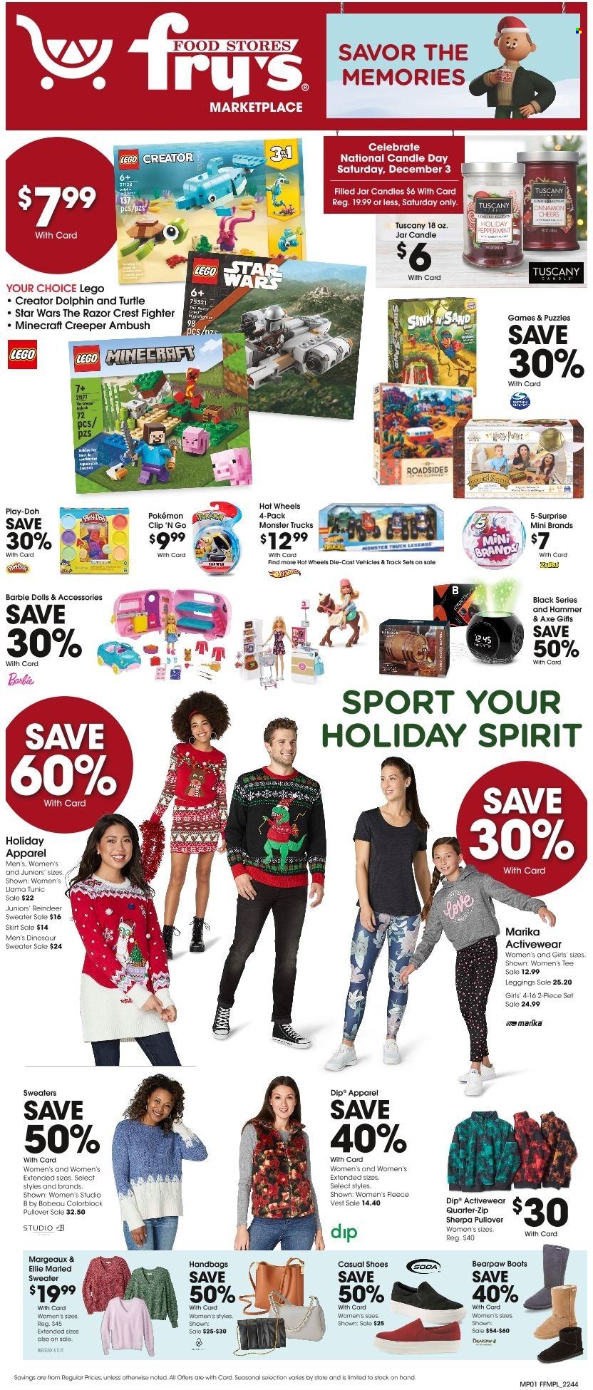 thumbnail - Fry’s Flyer - 11/30/2022 - 12/06/2022 - Sales products - dip, Monster Energy, soda, Hot Wheels, Crest, Axe, razor, Barbie, Pokémon, candle, Minecraft. Page 1.