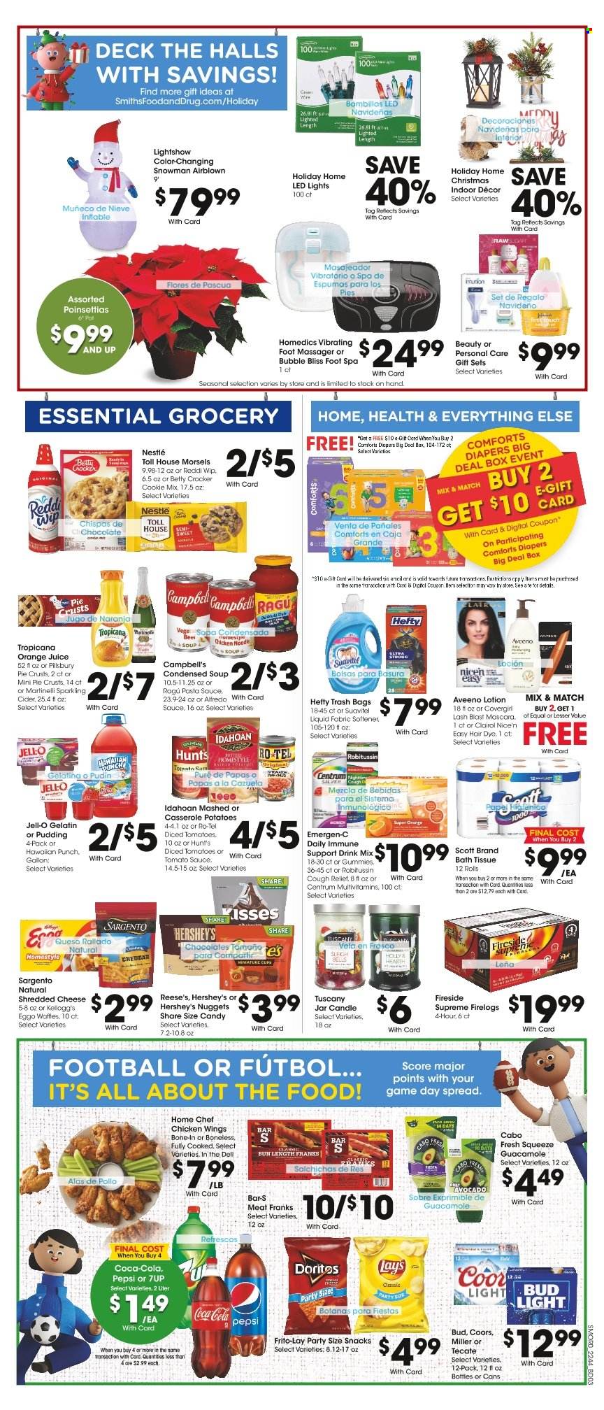 thumbnail - Smith's Flyer - 11/30/2022 - 12/06/2022 - Sales products - pie, waffles, tomatoes, Campbell's, pasta sauce, condensed soup, soup, nuggets, Pillsbury, noodles cup, noodles, instant soup, ragú pasta, guacamole, shredded cheese, cheddar, Sargento, pudding, Reese's, Hershey's, chicken wings, Nestlé, Halls, chocolate, snack, Kellogg's, Doritos, Frito-Lay, pie crust, Jell-O, tomato sauce, diced tomatoes, ragu, Coca-Cola, Pepsi, orange juice, juice, 7UP, sparkling cider, sparkling wine, cider, beer, Bud Light, Miller, nappies, Aveeno, bath tissue, Scott, fabric softener, Clairol, body lotion, Hefty, trash bags, mascara, pot, casserole, cup, candle, multivitamin, Robitussin, Emergen-C, Centrum, Coors. Page 6.