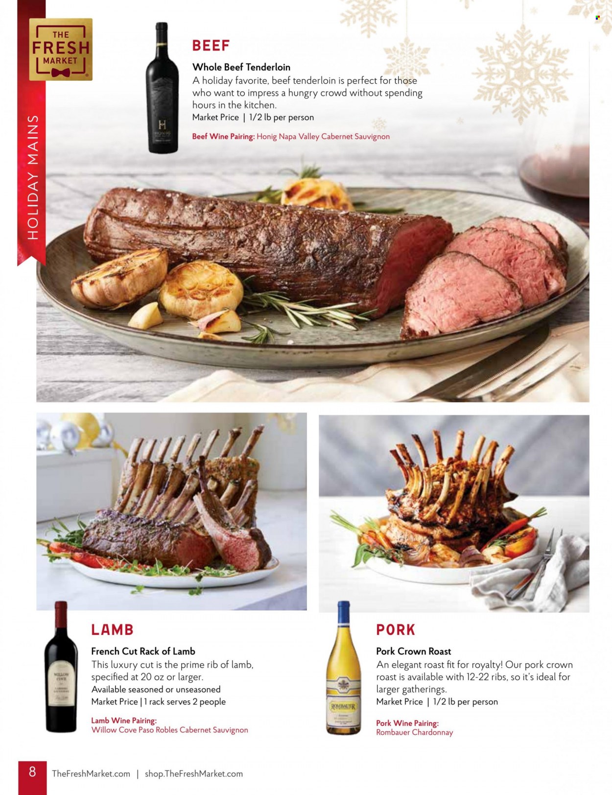 thumbnail - The Fresh Market Flyer - 11/30/2022 - 01/03/2023 - Sales products - Cabernet Sauvignon, red wine, white wine, Chardonnay, wine, beef meat, beef tenderloin, lamb meat, rack of lamb. Page 8.