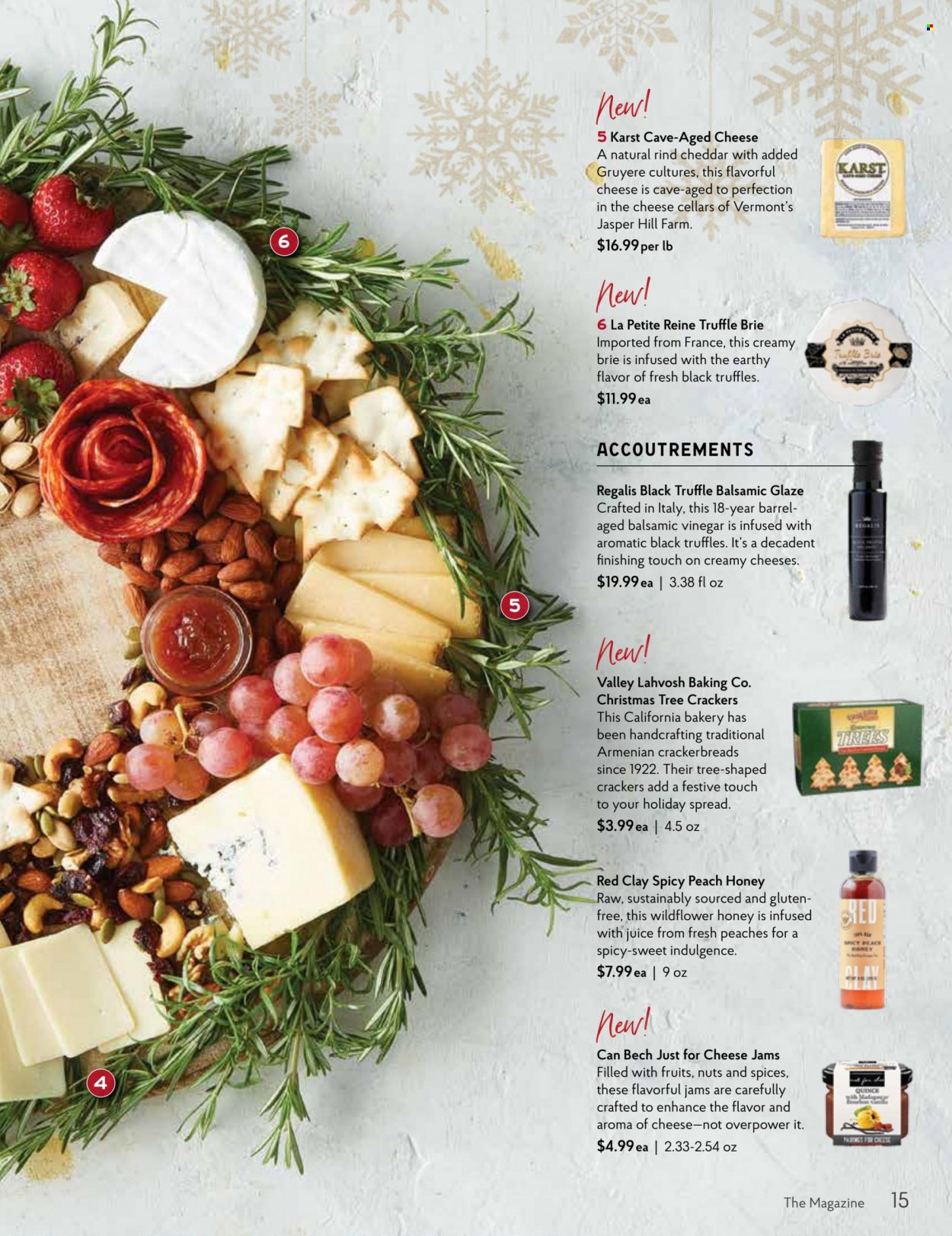 thumbnail - The Fresh Market Flyer - 11/30/2022 - 01/03/2023 - Sales products - quince, Gruyere, cheddar, cheese, brie, crackers, balsamic glaze, balsamic vinegar, vinegar, honey, juice, peaches. Page 15.