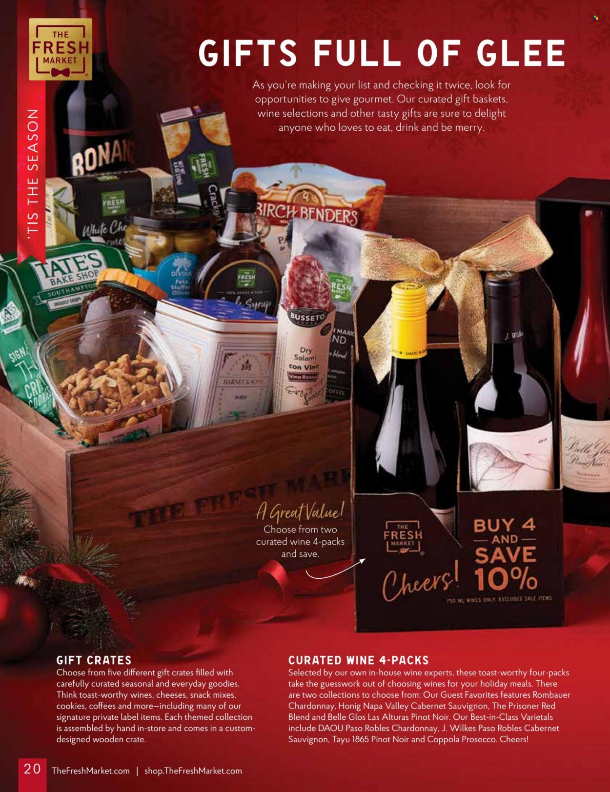 thumbnail - The Fresh Market Flyer - 11/30/2022 - 01/03/2023 - Sales products - salami, cheese, cookies, snack, syrup, coffee, Cabernet Sauvignon, red wine, white wine, prosecco, Chardonnay, wine, Pinot Noir. Page 20.