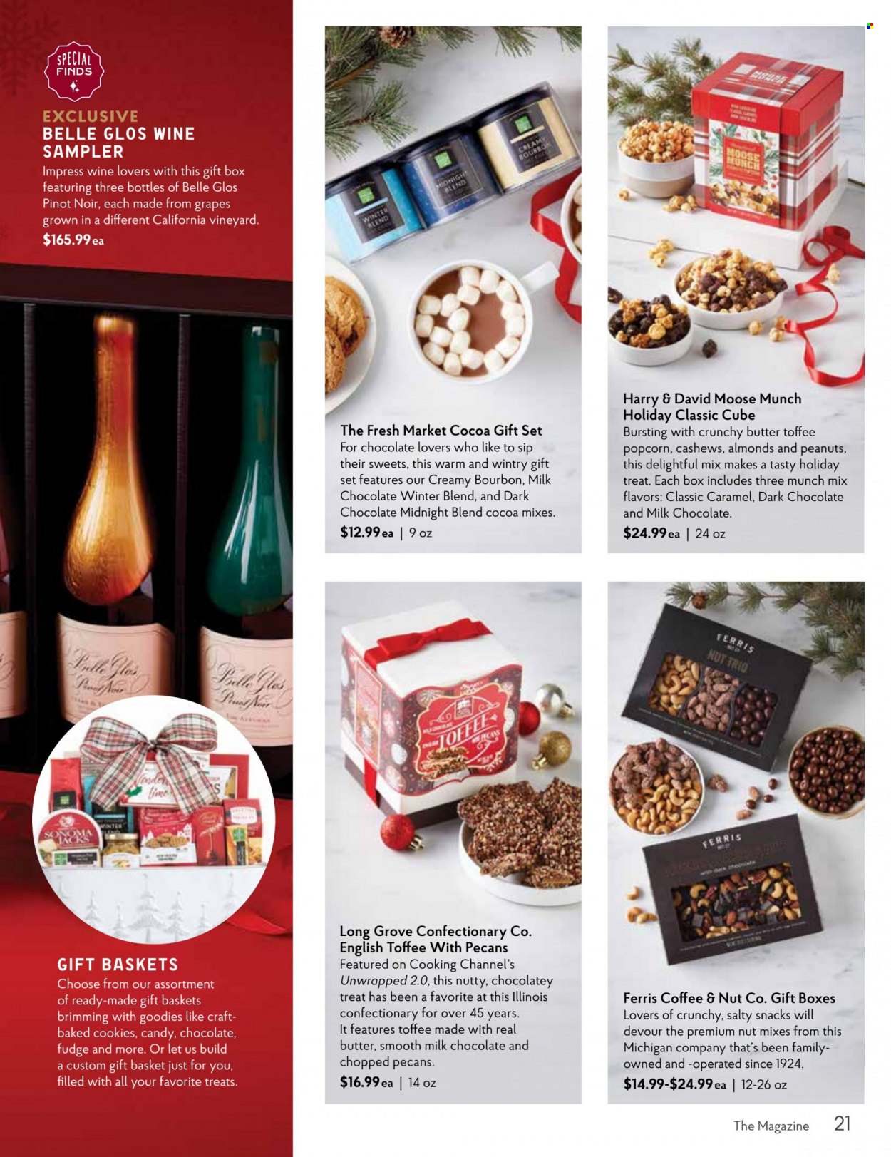 thumbnail - The Fresh Market Flyer - 11/30/2022 - 01/03/2023 - Sales products - butter, Devour, cookies, fudge, gift set, milk chocolate, snack, dark chocolate, popcorn, cocoa, caramel, almonds, cashews, peanuts, pecans, coffee, red wine, wine, Pinot Noir, bourbon. Page 21.