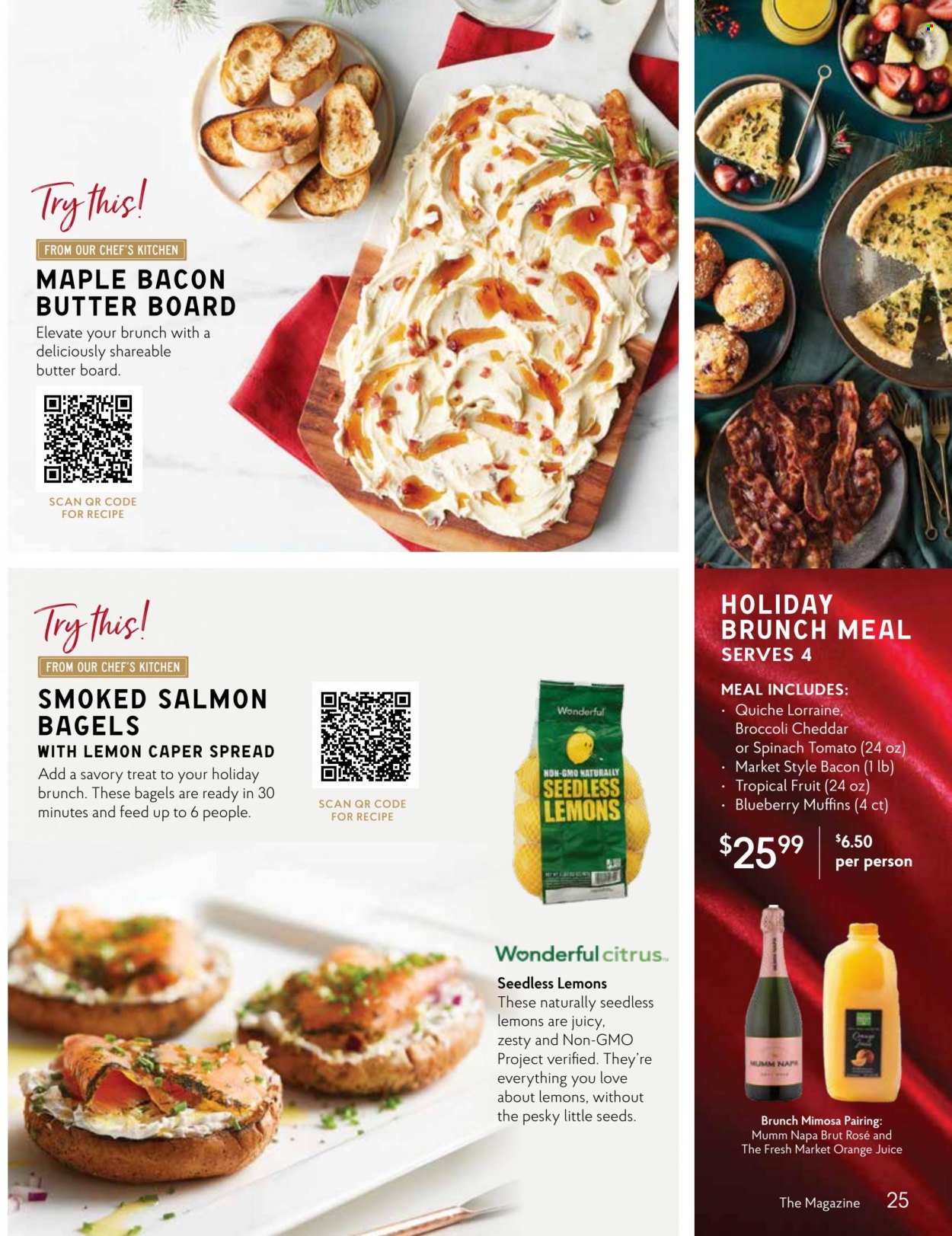 thumbnail - The Fresh Market Flyer - 11/30/2022 - 01/03/2023 - Sales products - bagels, muffin, broccoli, salmon, smoked salmon, bacon, cheese, butter, quiche, orange juice, juice, wine, rosé wine, lemons. Page 25.
