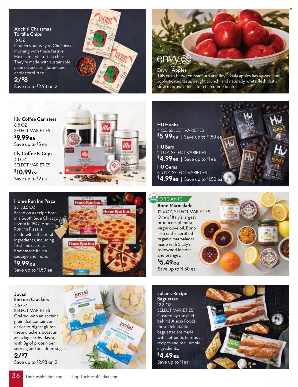 thumbnail - The Fresh Market Flyer - 11/30/2022 - 01/03/2023 - Sales products - baguette, apples, Gala, oranges, pizza, sausage, italian sausage, crackers, tortilla chips, chips, extra virgin olive oil, palm oil, olive oil, coffee, coffee capsules, Intenso, K-Cups, Illy, lemons. Page 36.