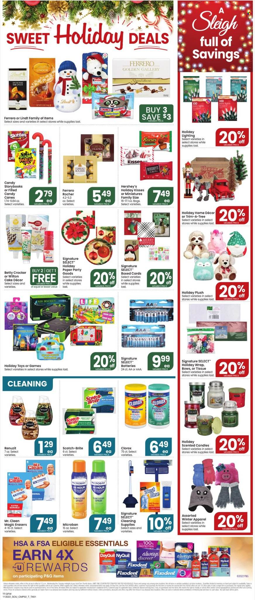 thumbnail - Tom Thumb Flyer - 11/30/2022 - 12/06/2022 - Sales products - cake, Reese's, Hershey's, chocolate, Lindt, Lindor, Ferrero Rocher, wipes, tissues, Clorox, Joy, Fixodent. Page 6.