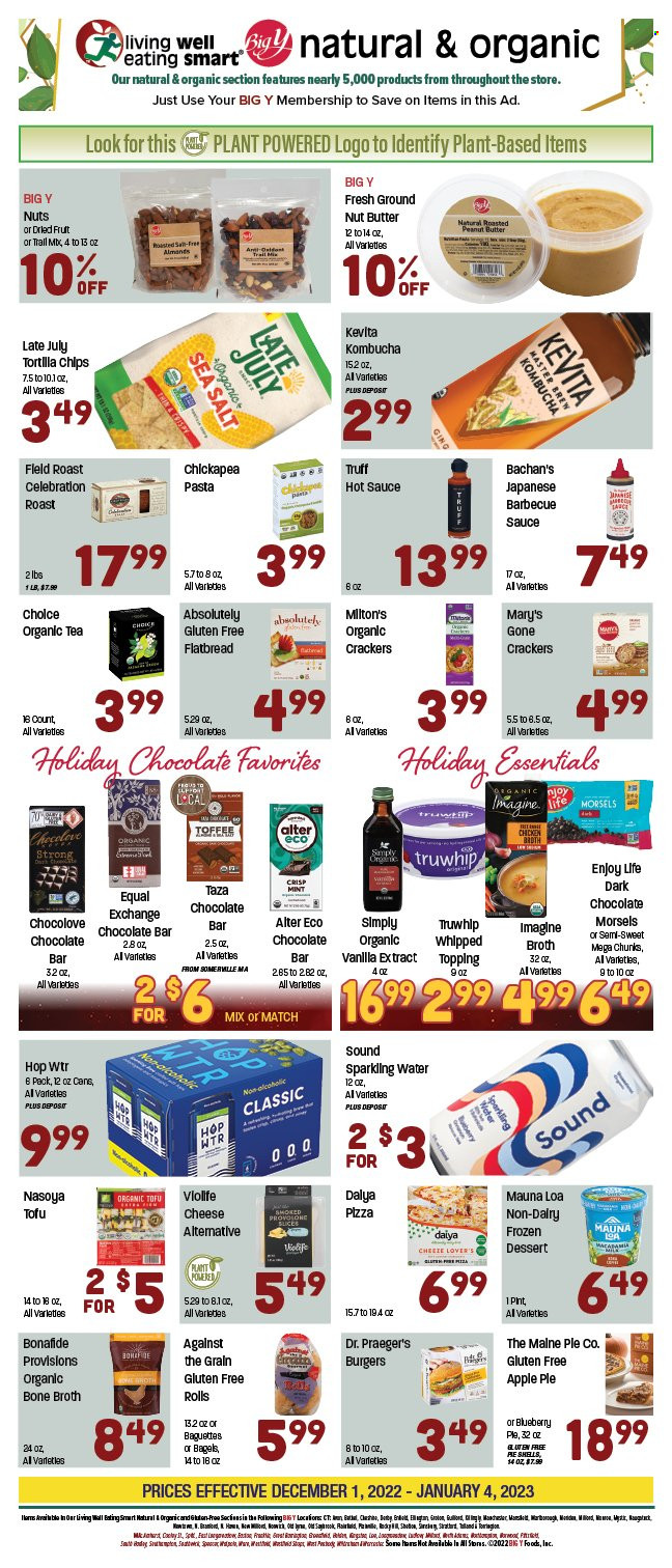 thumbnail - Big Y Flyer - 12/01/2022 - 01/04/2023 - Sales products - bagels, baguette, flatbread, pizza, hamburger, pasta, sauce, tofu, Provolone, milk, toffee, Celebration, crackers, dark chocolate, chocolate bar, tortilla chips, chicken broth, topping, broth, vanilla extract, BBQ sauce, hot sauce, peanut butter, nut butter, dried fruit, trail mix, Bai, sparkling water, kombucha, KeVita, tea. Page 1.