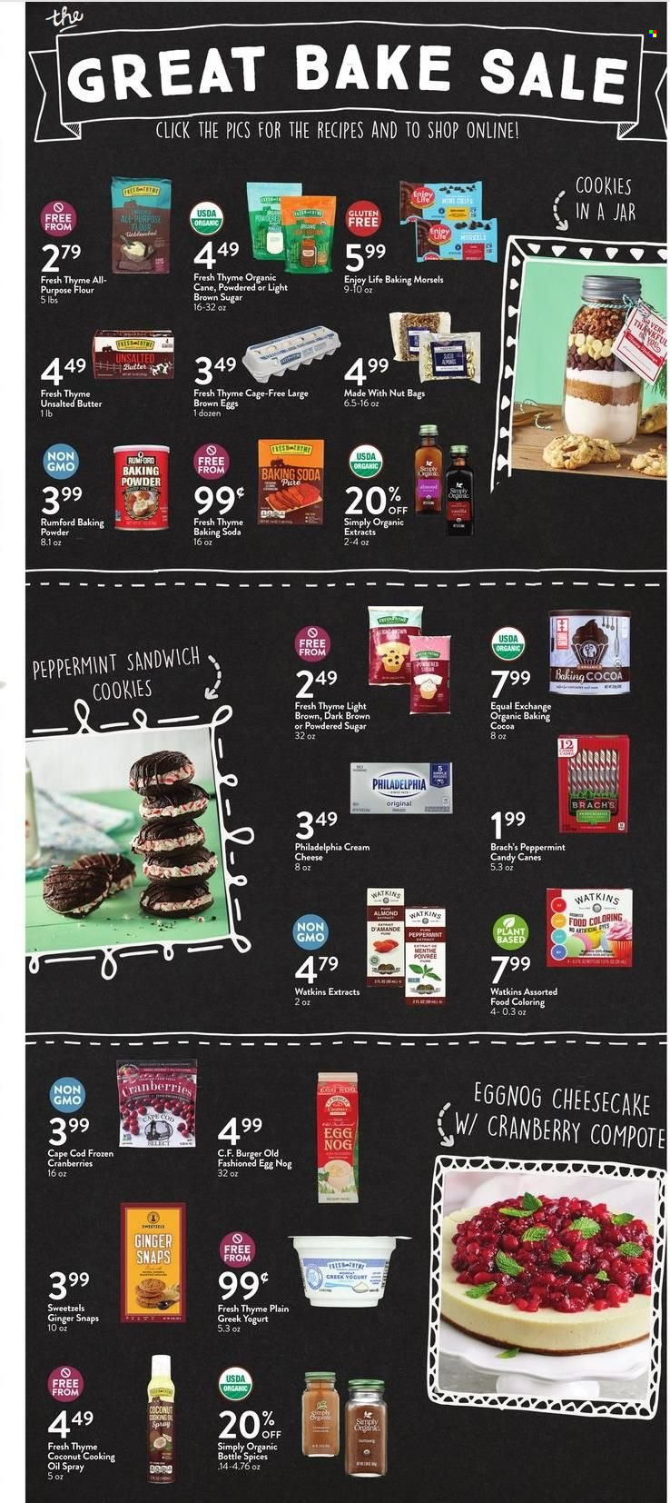 thumbnail - Fresh Thyme Flyer - 11/30/2022 - 12/06/2022 - Sales products - cheesecake, coconut, cod, sandwich, hamburger, cream cheese, Philadelphia, cheese, greek yoghurt, yoghurt, eggs, cage free eggs, cookies, sandwich cookies, baking powder, bicarbonate of soda, cane sugar, cocoa, flour, icing sugar, cranberries, compote, oil, cooking oil, eggnog. Page 3.