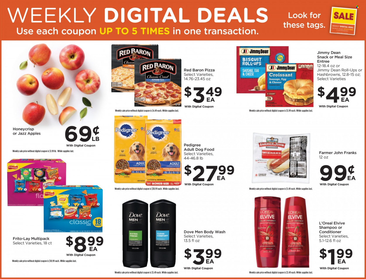 thumbnail - Foods Co Flyer - 11/30/2022 - 12/06/2022 - Sales products - apples, pizza, Jimmy Dean, hash browns, Red Baron, Dove, snack, Frito-Lay, body wash, shampoo, L’Oréal, conditioner, animal food, dog food, Pedigree. Page 2.