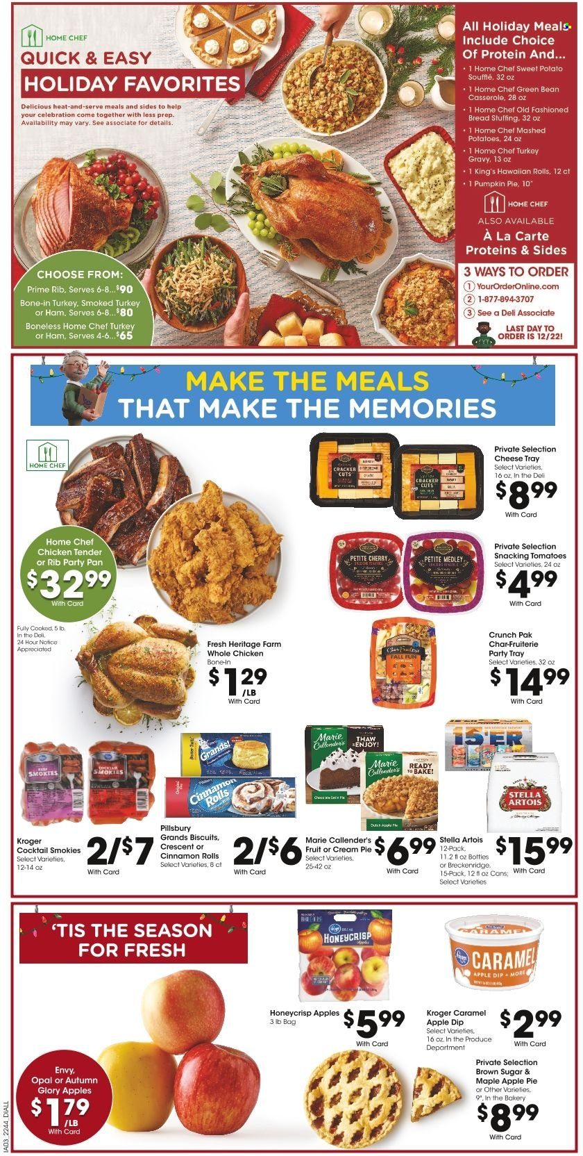 thumbnail - Dillons Flyer - 11/30/2022 - 12/06/2022 - Sales products - bread, apple pie, cinnamon roll, hawaiian rolls, cream pie, sweet potato, tomatoes, mashed potatoes, Pillsbury, Marie Callender's, cheese, Celebration, crackers, biscuit, cane sugar, turkey gravy, beer, whole chicken, pan, casserole, Stella Artois. Page 4.