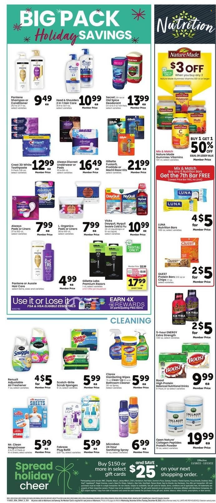 thumbnail - Safeway Flyer - 11/30/2022 - 12/06/2022 - Sales products - Ace, pizza, 7 Days, chips, nutrition bar, protein bar, spice, Boost, wipes, Febreze, cleaner, Clorox, Snuggle, shampoo, Old Spice, toothpaste, Crest, Always pads, sanitary pads, Always Discreet, Aussie, conditioner, Head & Shoulders, Pantene, Gillette, razor, sponge, Renuzit, air freshener, panda, DayQuil, Cold & Flu, Melatonin, Nature Made, NyQuil, whey protein, Vicks. Page 4.