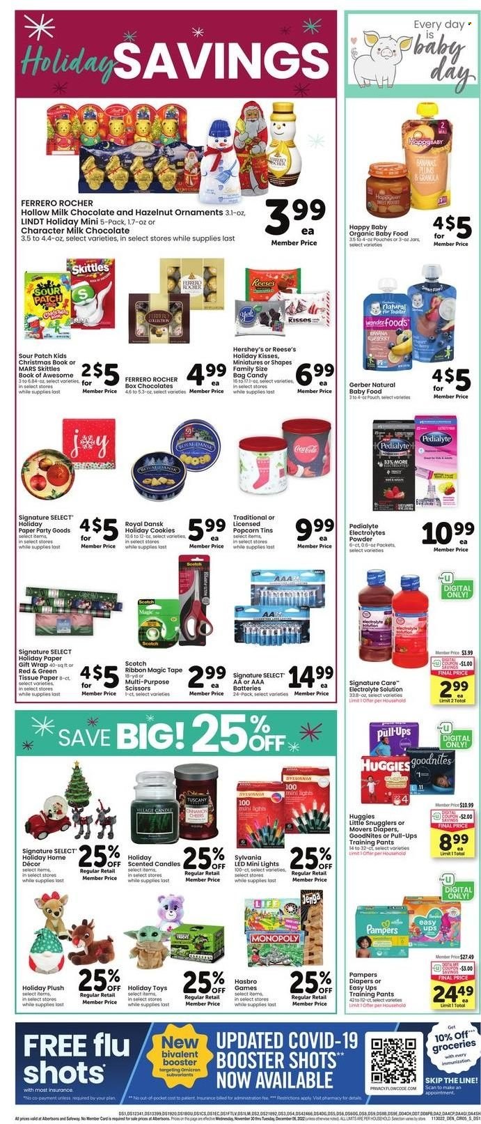 thumbnail - Safeway Flyer - 11/30/2022 - 12/06/2022 - Sales products - plums, amasi, Reese's, Hershey's, cookies, milk chocolate, Lindt, Ferrero Rocher, Mars, Skittles, Sour Patch, Gerber, popcorn, Coca-Cola, organic baby food, toilet paper, tissues, bag, jar, gift wrap, scissors, paper, candle, battery, Sylvania, Monopoly, Hasbro, toys, Huggies. Page 5.
