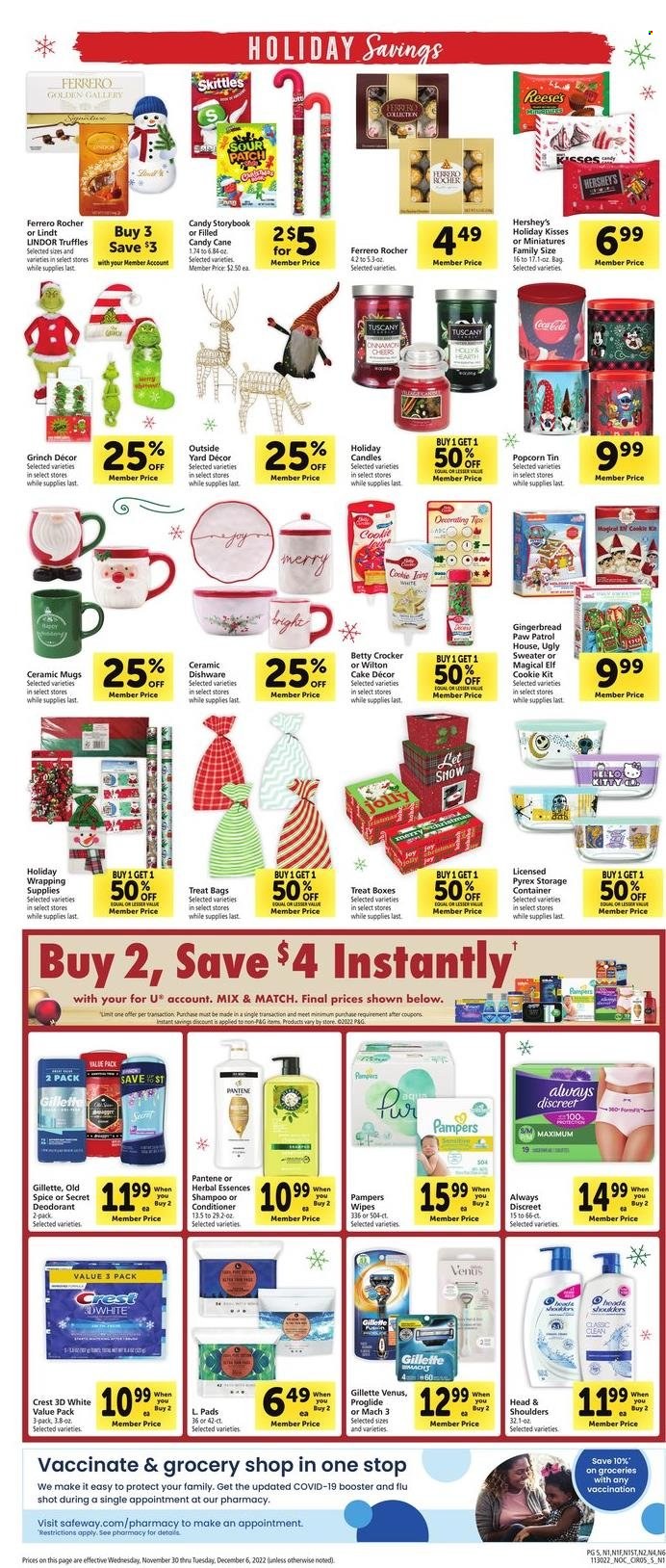 thumbnail - Safeway Flyer - 11/30/2022 - 12/06/2022 - Sales products - gingerbread, Reese's, Hershey's, Paw Patrol, candy cane, Lindt, Lindor, Ferrero Rocher, truffles, UglyDolls, sour patch, popcorn, spice, Coca-Cola, wipes, Joy, shampoo, Old Spice, Crest, conditioner, Head & Shoulders, Pantene, Herbal Essences, Gillette, Venus, Pyrex, ceramic mugs, container, storage box, Hello Kitty, candle, Elf. Page 5.