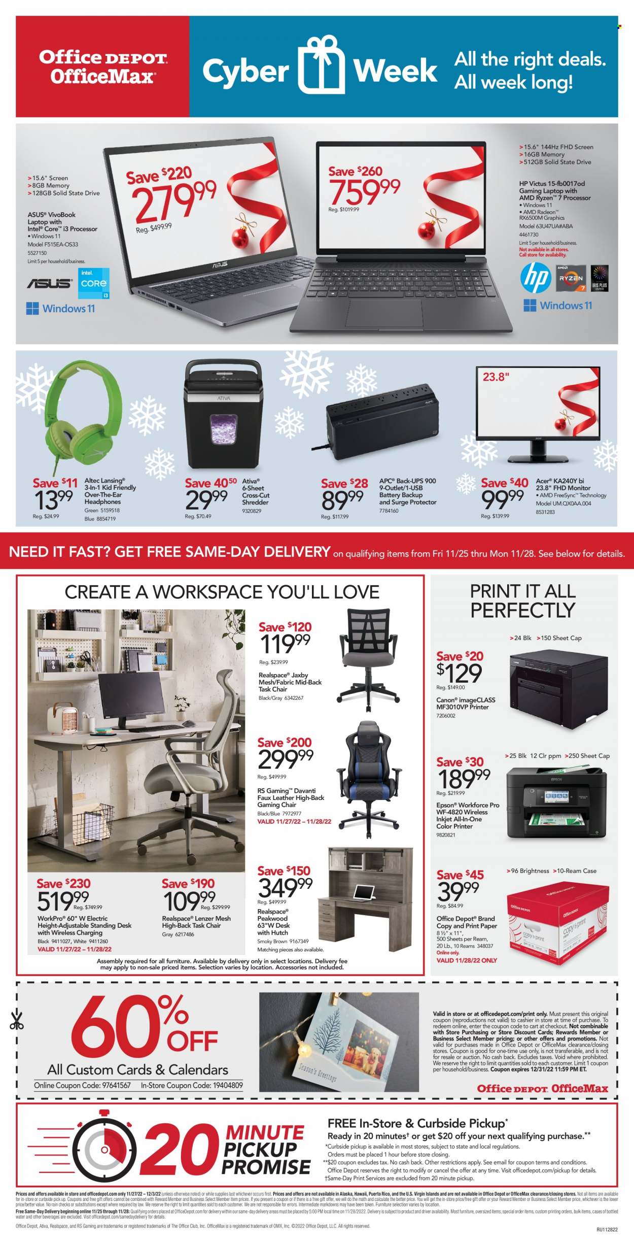 thumbnail - Office DEPOT Flyer - 11/27/2022 - 12/03/2022 - Sales products - Intel, Acer, Asus, Hewlett Packard, laptop, gaming laptop, Altec Lansing, Epson, Canon, printer, shredder, standing desk, desk, task chair, chair. Page 1.
