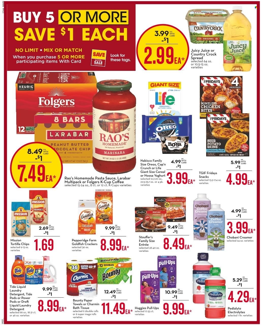 thumbnail - Mariano’s Flyer - 11/30/2022 - 12/06/2022 - Sales products - pasta sauce, meatloaf, bacon, cheese, Oreo, yoghurt, Chobani, creamer, chicken bites, Stouffer's, snack, Bounty, crackers, tortilla chips, chips, Goldfish, cereals, Cap'n Crunch, peanut butter, juice, Folgers, coffee capsules, K-Cups, Keurig, detergent, Tide, laundry detergent. Page 10.