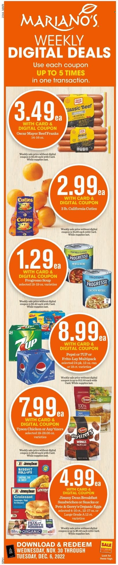 thumbnail - Mariano’s Flyer - 11/30/2022 - 12/06/2022 - Sales products - noodles, Progresso, Jimmy Dean, Oscar Mayer, sausage, eggs, biscuit, Frito-Lay, Pepsi, 7UP. Page 13.