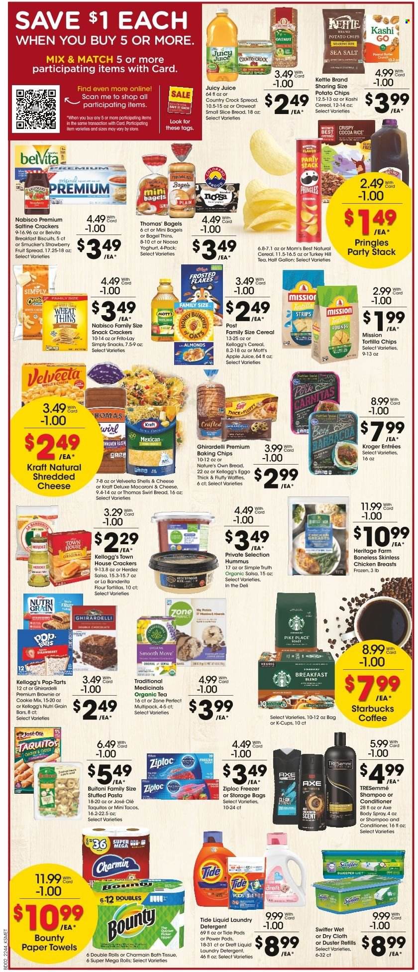 thumbnail - King Soopers Flyer - 11/30/2022 - 12/06/2022 - Sales products - Minions, bagels, tacos, flour tortillas, brownies, waffles, Mott's, fish, macaroni & cheese, pasta, taquitos, Kraft®, Buitoni, hummus, shredded cheese, yoghurt, chocolate, snack, Bounty, crackers, Kellogg's, biscuit, Pop-Tarts, Ghirardelli, tortilla chips, potato chips, Pringles, Thins, Frito-Lay, oats, baking chips, cereals, Frosted Flakes, belVita, Mom's Best, cocoa rice, Zone Perfect, Nutri-Grain, salsa, peanut butter, almonds, apple juice, juice, tea, coffee, Starbucks, coffee capsules, K-Cups, breakfast blend, chicken breasts, bath tissue, kitchen towels, paper towels, Charmin, detergent, Swiffer, Tide, laundry detergent, shampoo, conditioner, TRESemmé, body spray, Axe, Ziploc, storage bag, duster, freezer, Nature's Own. Page 2.