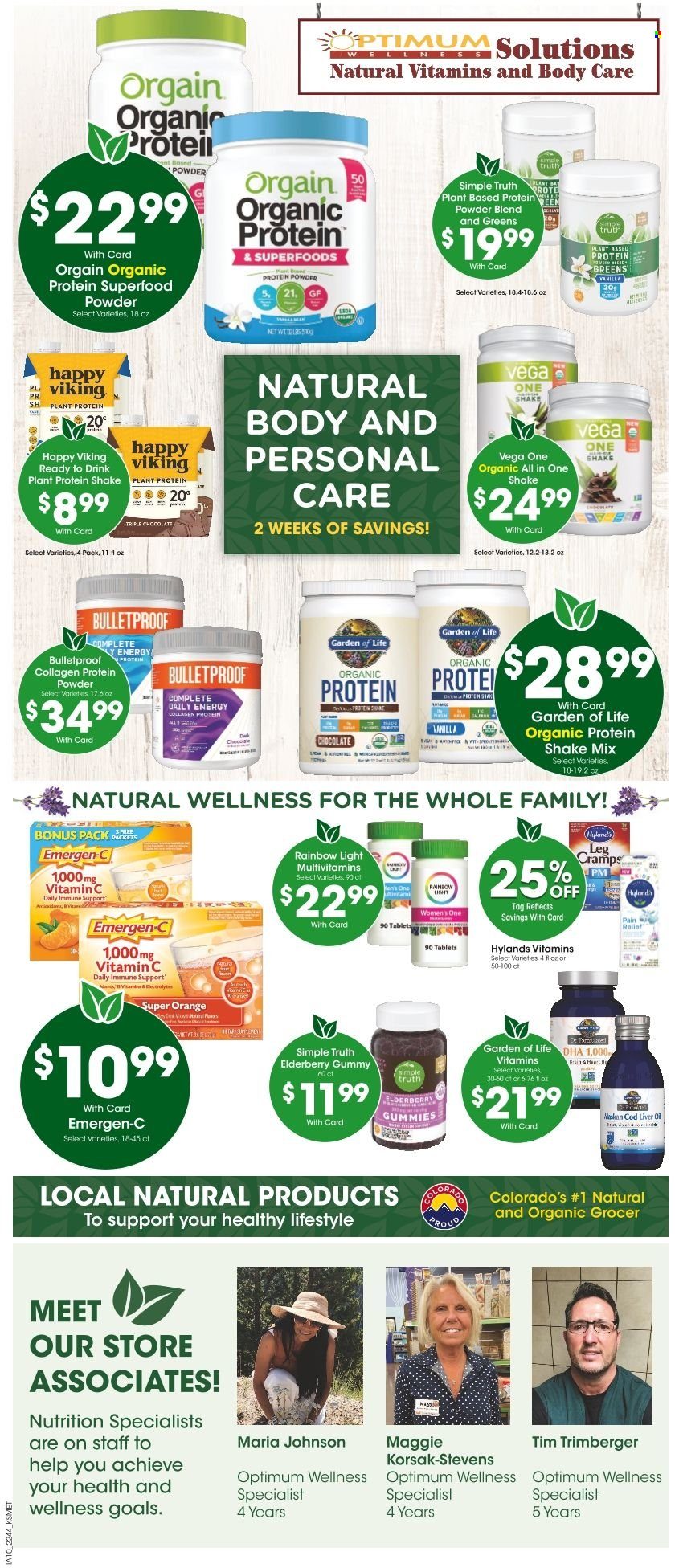 thumbnail - King Soopers Flyer - 11/30/2022 - 12/06/2022 - Sales products - oranges, cod, protein drink, shake, chocolate, plant protein, Johnson's, Optimum, pain relief, multivitamin, vitamin c, Emergen-C, whey protein. Page 11.
