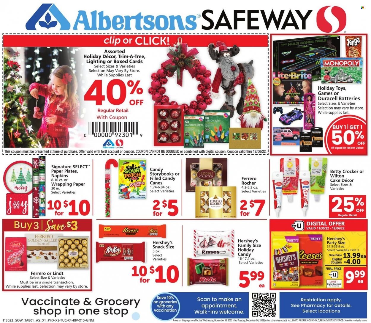 thumbnail - Safeway Flyer - 11/30/2022 - 12/06/2022 - Sales products - cake, Reese's, Hershey's, snack, Lindt, Lindor, Ferrero Rocher, KitKat, sour patch, napkins, Brite, Barbie, plate, cup, boxed card, wrapping paper, paper plate, battery, Duracell, Sylvania, Lite-Brite, toys, lighting. Page 5.