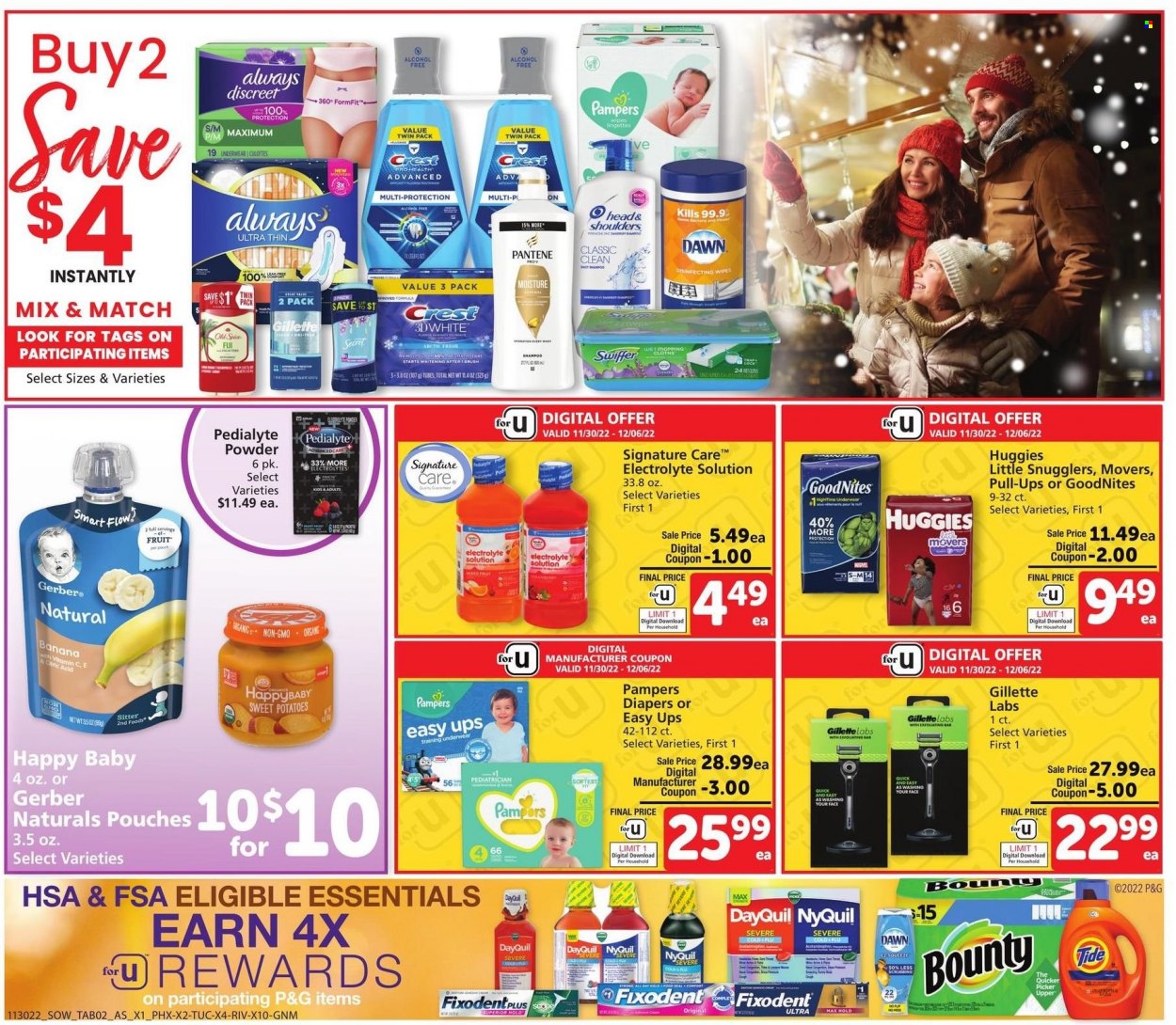 thumbnail - Safeway Flyer - 11/30/2022 - 12/06/2022 - Sales products - sweet potato, potatoes, Bounty, Gerber, spice, wipes, Swiffer, Tide, shampoo, Old Spice, Fixodent, Crest, Always Discreet, Head & Shoulders, Pantene, Gillette, brush, DayQuil, Cold & Flu, NyQuil, Huggies. Page 6.