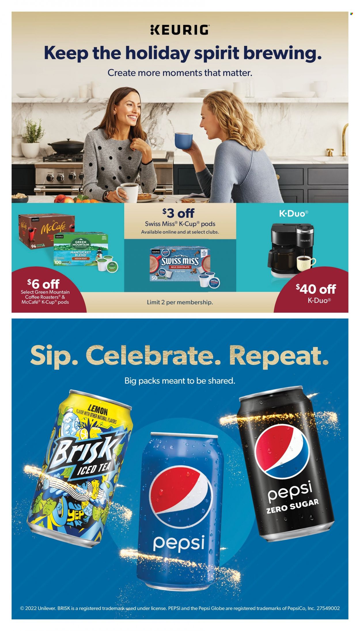 thumbnail - Sam's Club Flyer - 11/30/2022 - 12/24/2022 - Sales products - Swiss Miss, milk chocolate, chocolate, Pepsi, ice tea, coffee, coffee capsules, McCafe, K-Cups, Keurig, Green Mountain, Moments. Page 4.