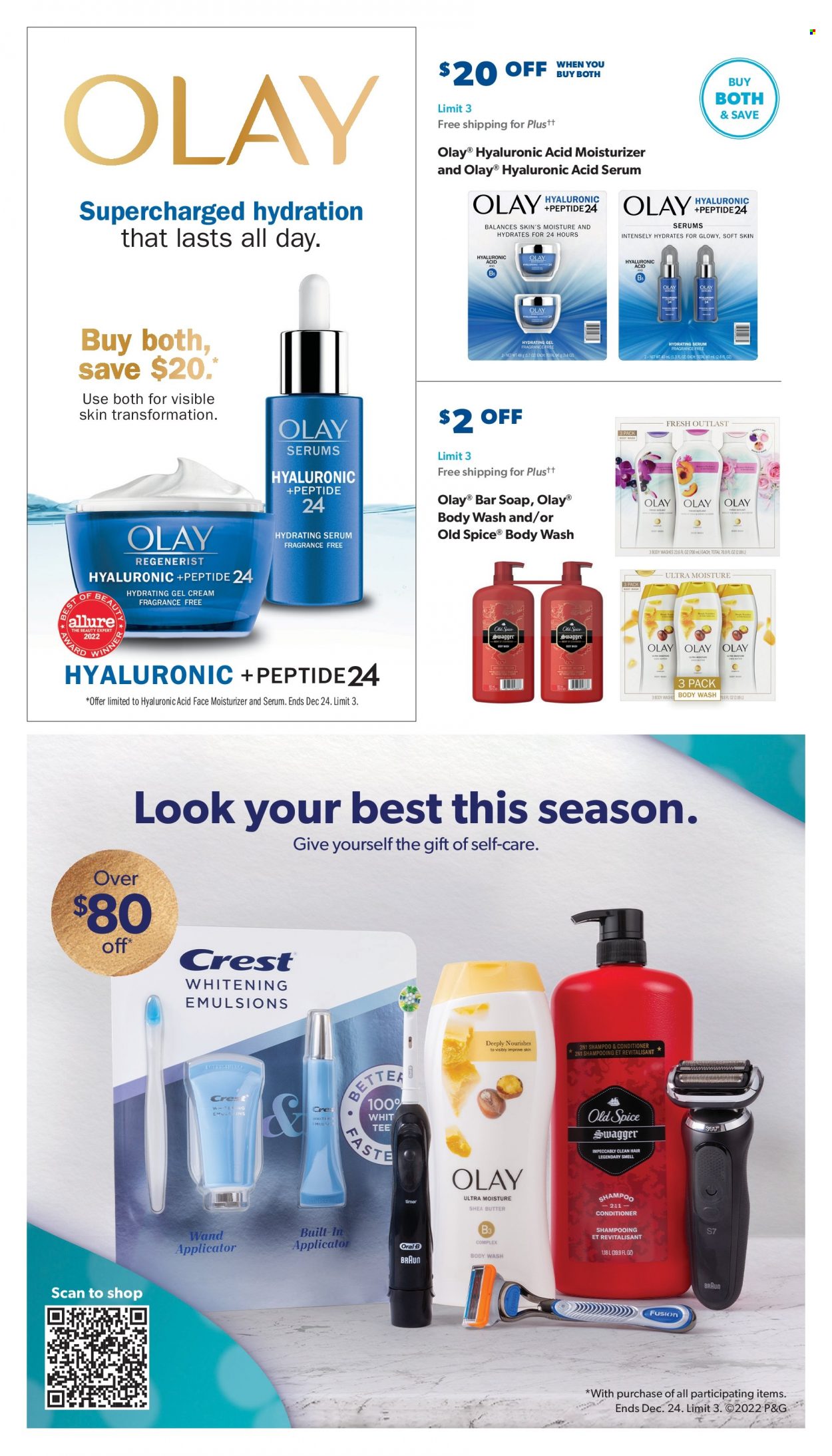 thumbnail - Sam's Club Flyer - 11/30/2022 - 12/24/2022 - Sales products - spice, body wash, shampoo, Old Spice, soap bar, soap, Oral-B, Crest, gel cream, moisturizer, serum, Olay, conditioner, shea butter, Braun, timer. Page 12.