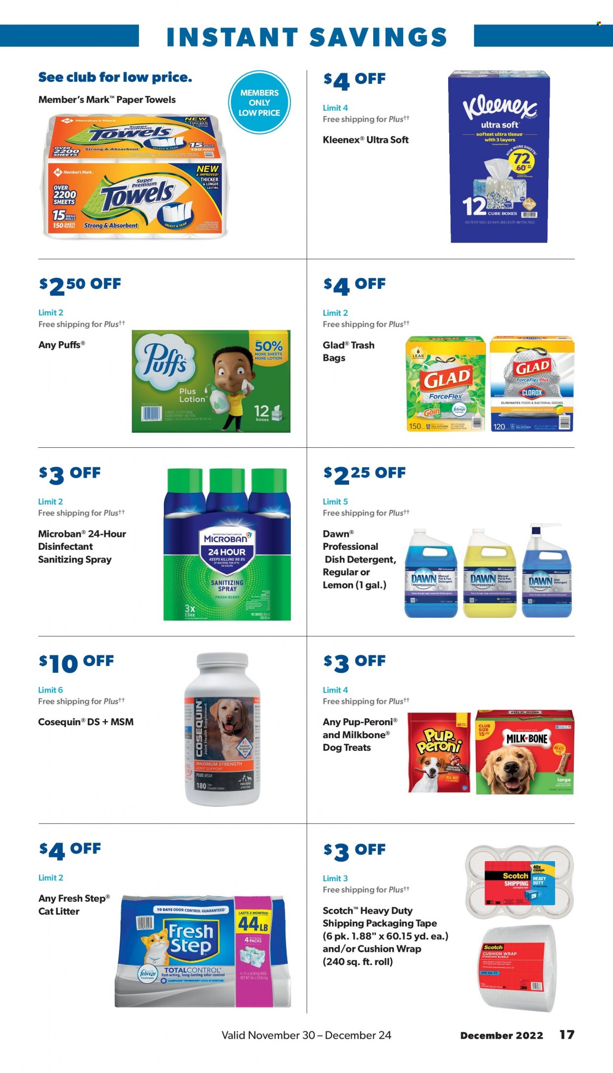 thumbnail - Sam's Club Flyer - 11/30/2022 - 12/24/2022 - Sales products - cushion, puffs, Kleenex, kitchen towels, paper towels, detergent, desinfection, dishwasher cleaner, bag, trash bags, cat litter, Pup-Peroni, Fresh Step. Page 17.