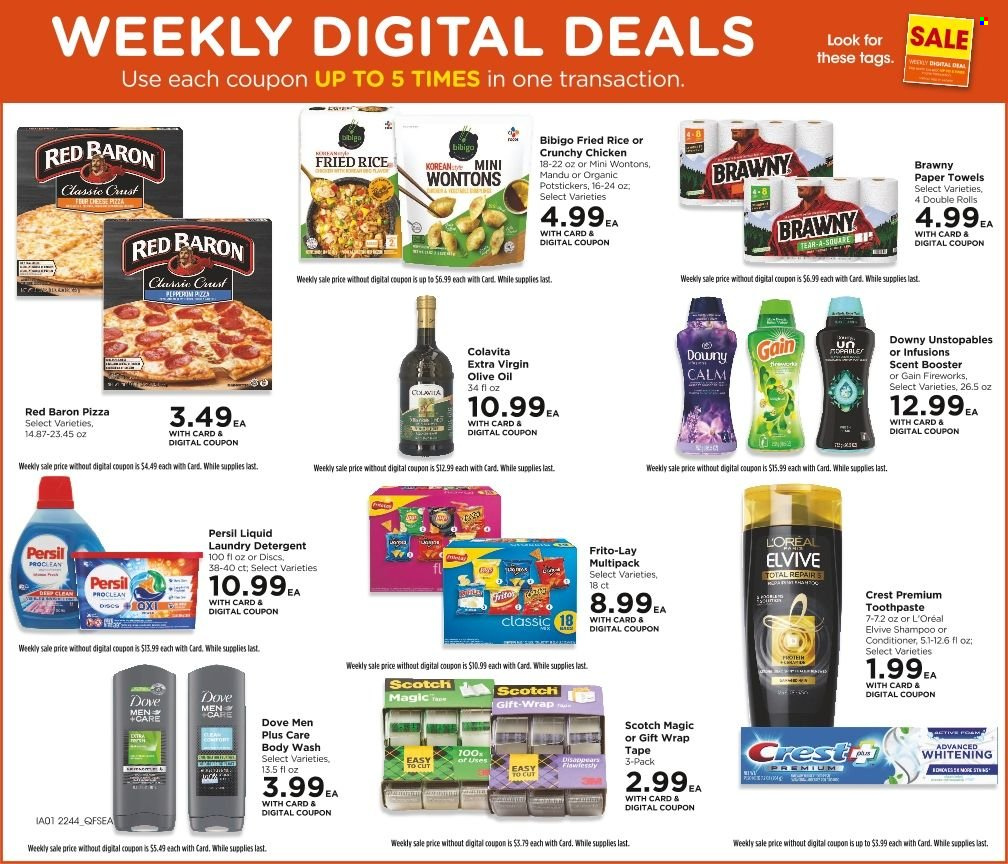 thumbnail - QFC Flyer - 11/30/2022 - 12/06/2022 - Sales products - pizza, Red Baron, Dove, Frito-Lay, extra virgin olive oil, olive oil, oil, kitchen towels, paper towels, detergent, Gain, Unstopables, Persil, laundry detergent, Gain Fireworks, body wash, shampoo, toothpaste, Crest, L’Oréal, conditioner, Yard, gift wrap. Page 9.