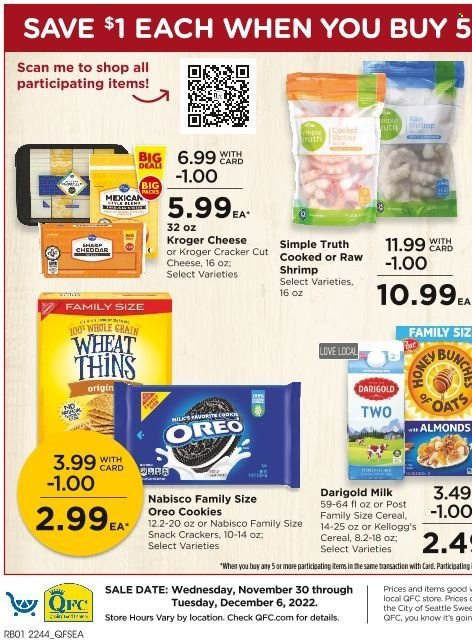 thumbnail - QFC Flyer - 11/30/2022 - 12/06/2022 - Sales products - shrimps, cheese, Oreo, milk, cookies, snack, crackers, Kellogg's, Thins, cereals, honey, almonds, coat. Page 10.