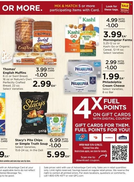 thumbnail - QFC Flyer - 11/30/2022 - 12/06/2022 - Sales products - english muffins, soup, MorningStar Farms, cream cheese, Philadelphia, cheese, chips, pita chips, cereals, Nature's Own. Page 11.