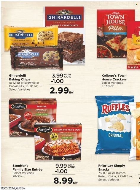 thumbnail - QFC Flyer - 11/30/2022 - 12/06/2022 - Sales products - pita, brownies, sauce, lasagna meal, Stouffer's, chocolate, snack, crackers, Kellogg's, Ghirardelli, potato chips, Frito-Lay, Ruffles, baking chips. Page 14.