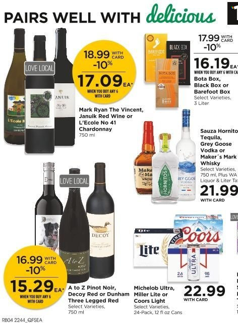 thumbnail - QFC Flyer - 11/30/2022 - 12/06/2022 - Sales products - red wine, white wine, Chardonnay, wine, Pinot Noir, tequila, vodka, whisky, beer, Miller Lite, Coors, Michelob. Page 16.