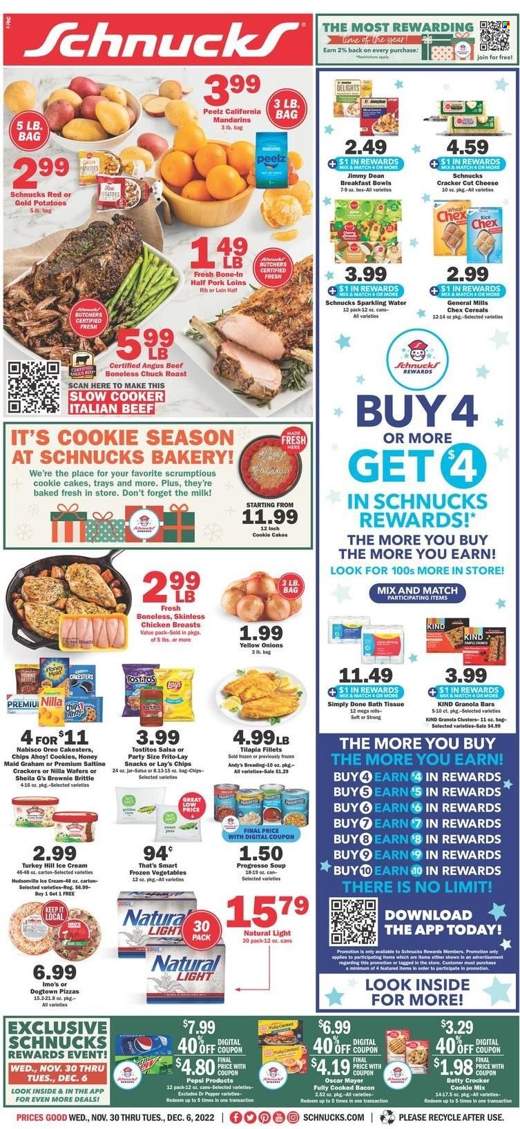 thumbnail - Schnucks Flyer - 11/30/2022 - 12/06/2022 - Sales products - cake, brownies, potatoes, mandarines, tilapia, pizza, breakfast bowl, Progresso, Jimmy Dean, bacon, Oscar Mayer, cheese, Oreo, milk, ice cream, frozen vegetables, wafers, snack, crackers, Chips Ahoy!, Lay’s, Frito-Lay, Tostitos, Chex Mix, cereals, granola bar, Honey Maid, rice, salsa, Pepsi, Dr. Pepper, sparkling water, chicken breasts, beef meat, chuck roast, bath tissue. Page 1.
