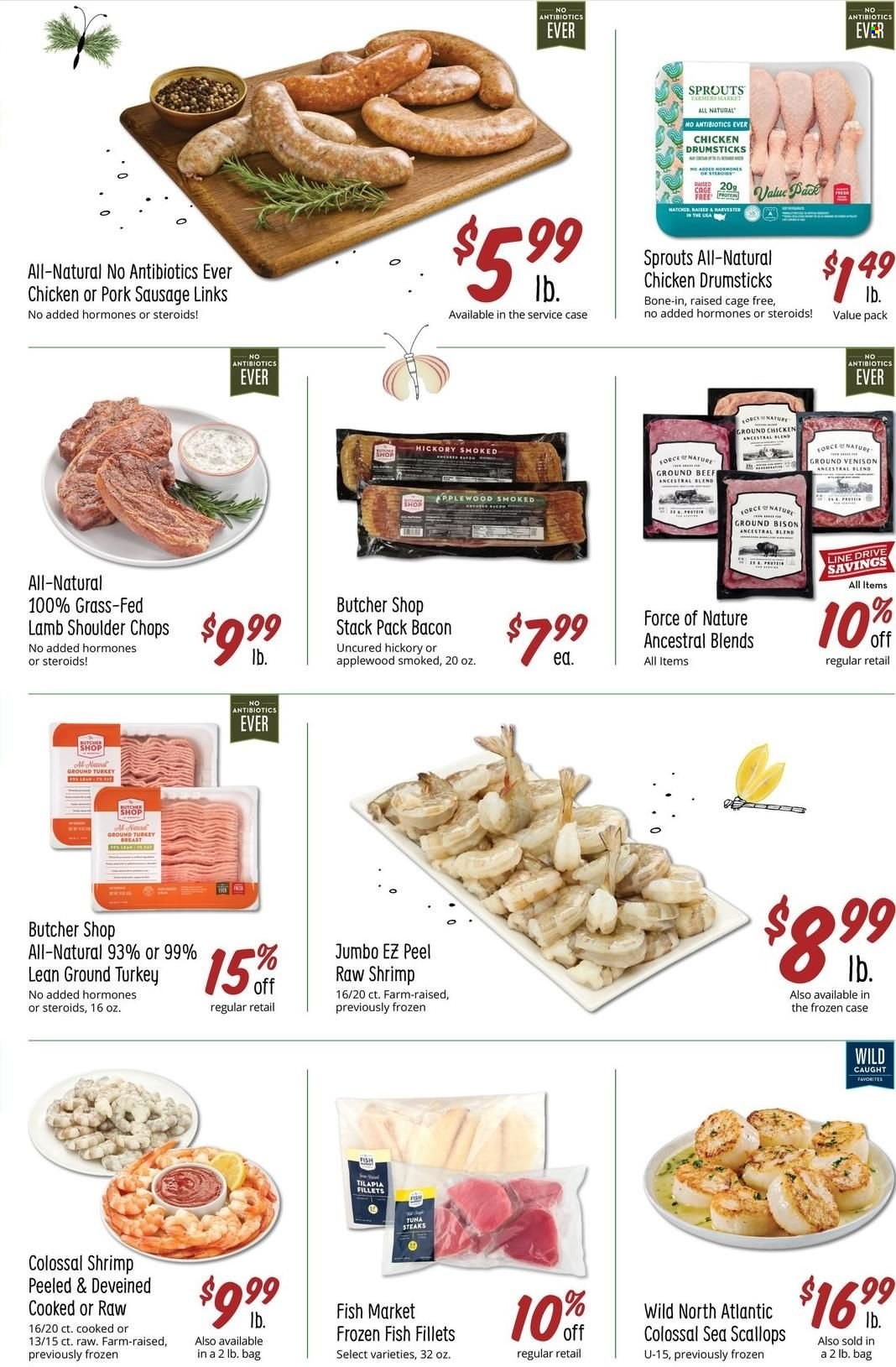 thumbnail - Sprouts Flyer - 11/30/2022 - 12/06/2022 - Sales products - venison meat, ground venison, fish fillets, scallops, tuna, shrimps, bacon, sausage, pork sausage, cage free eggs, ground chicken, ground turkey, chicken drumsticks, beef meat, ground beef, steak, bison meat, lamb meat, lamb shoulder. Page 4.