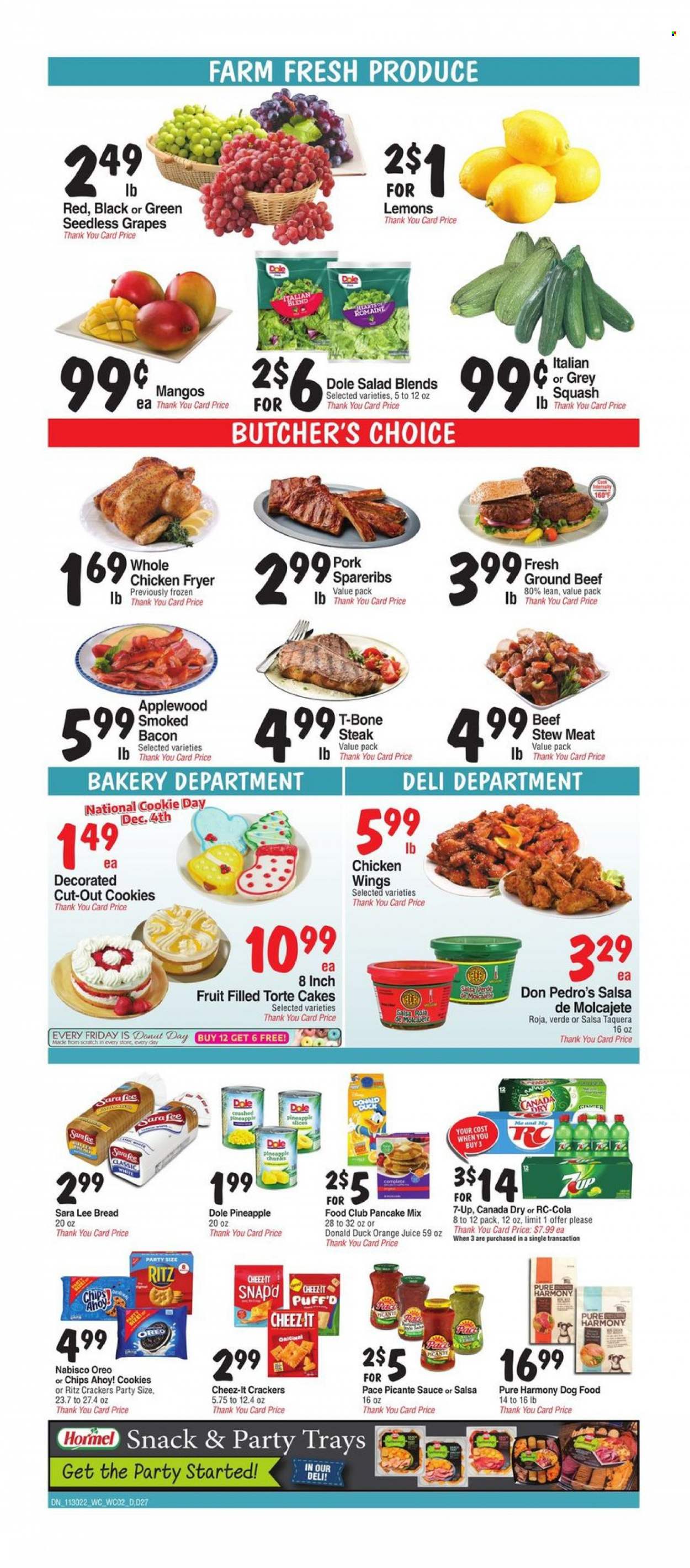 thumbnail - Bashas' Diné Markets Flyer - 11/30/2022 - 12/06/2022 - Sales products - stew meat, bread, cake, Sara Lee, donut, salad, Dole, grapes, mango, seedless grapes, pineapple, pancakes, Hormel, bacon, chicken wings, cookies, snack, crackers, Chips Ahoy!, RITZ, Cheez-It, salsa, Canada Dry, orange juice, juice, 7UP, whole chicken, beef meat, ground beef, t-bone steak, steak, pork spare ribs, lemons. Page 2.