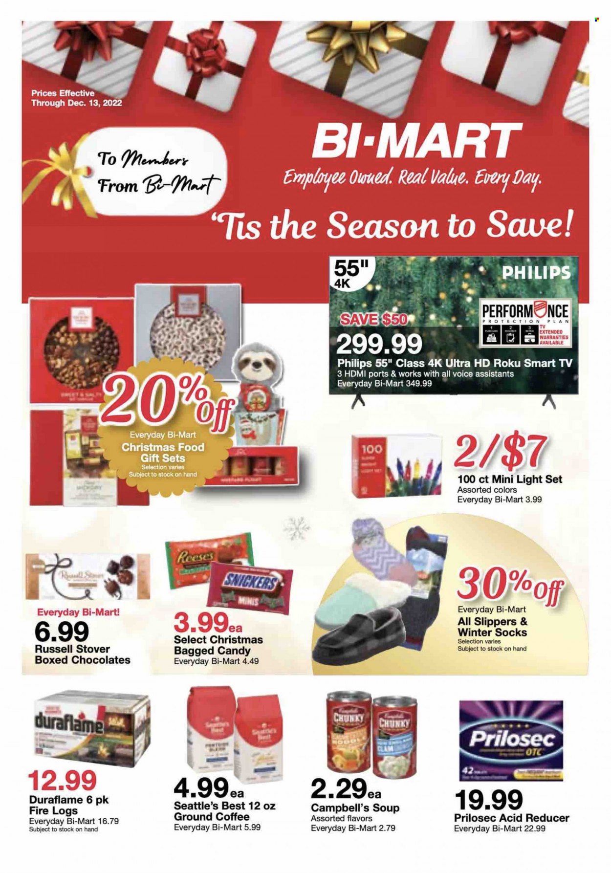 thumbnail - Bi-Mart Flyer - 11/29/2022 - 12/13/2022 - Sales products - Philips, Campbell's, soup, Reese's, chocolate, Snickers, coffee, ground coffee, smart tv, UHD TV, ultra hd, TV, light set. Page 1.